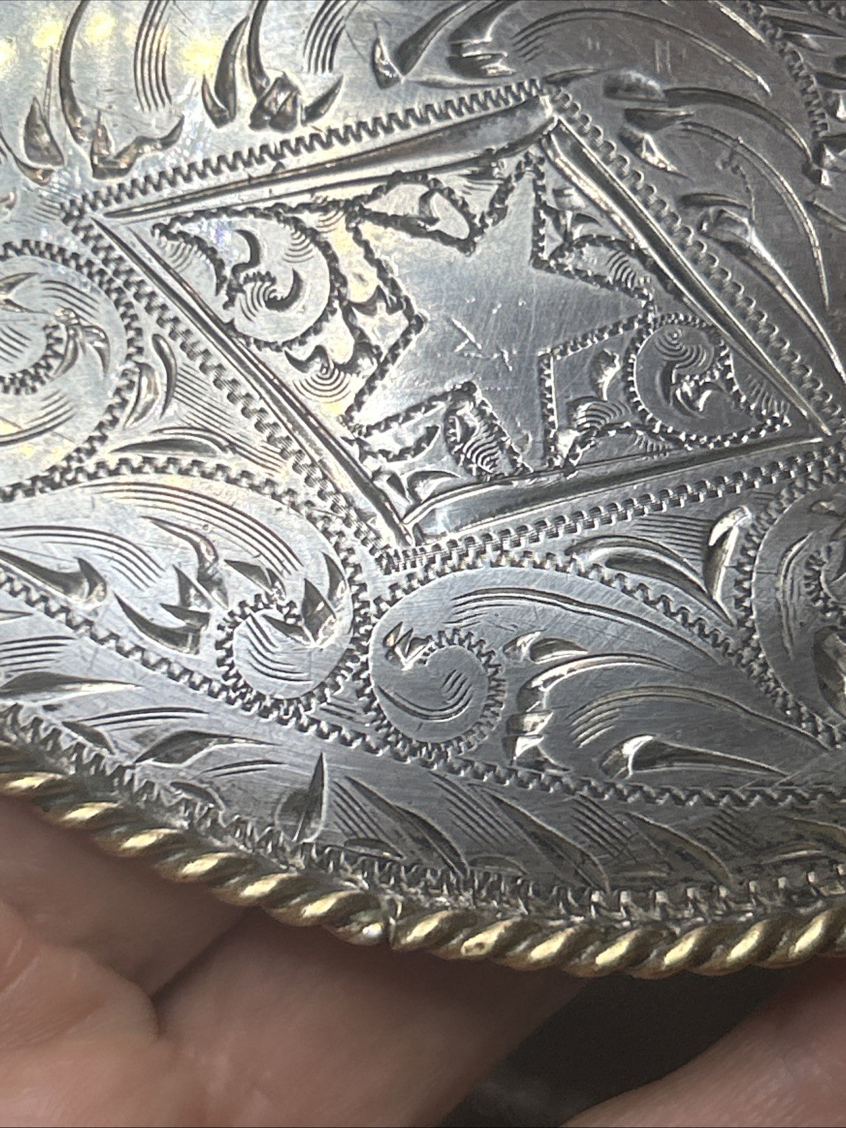 57. Vintage 925 Hand Engraved STAR Swirl Brass Rope Framed Oval Buckle 50.4g