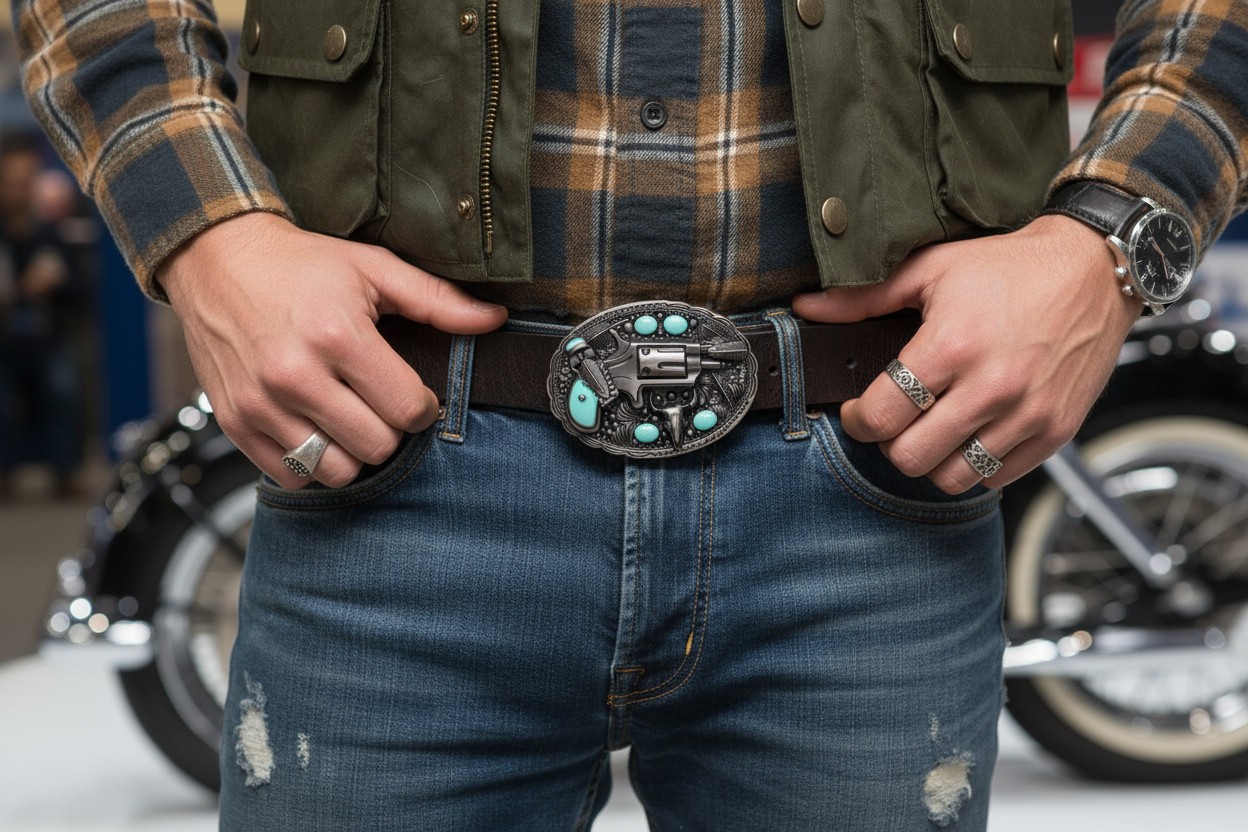 Men Western Belt Buckle Silver Metal Revolver Pistol Gun Feather Bull Turquoise