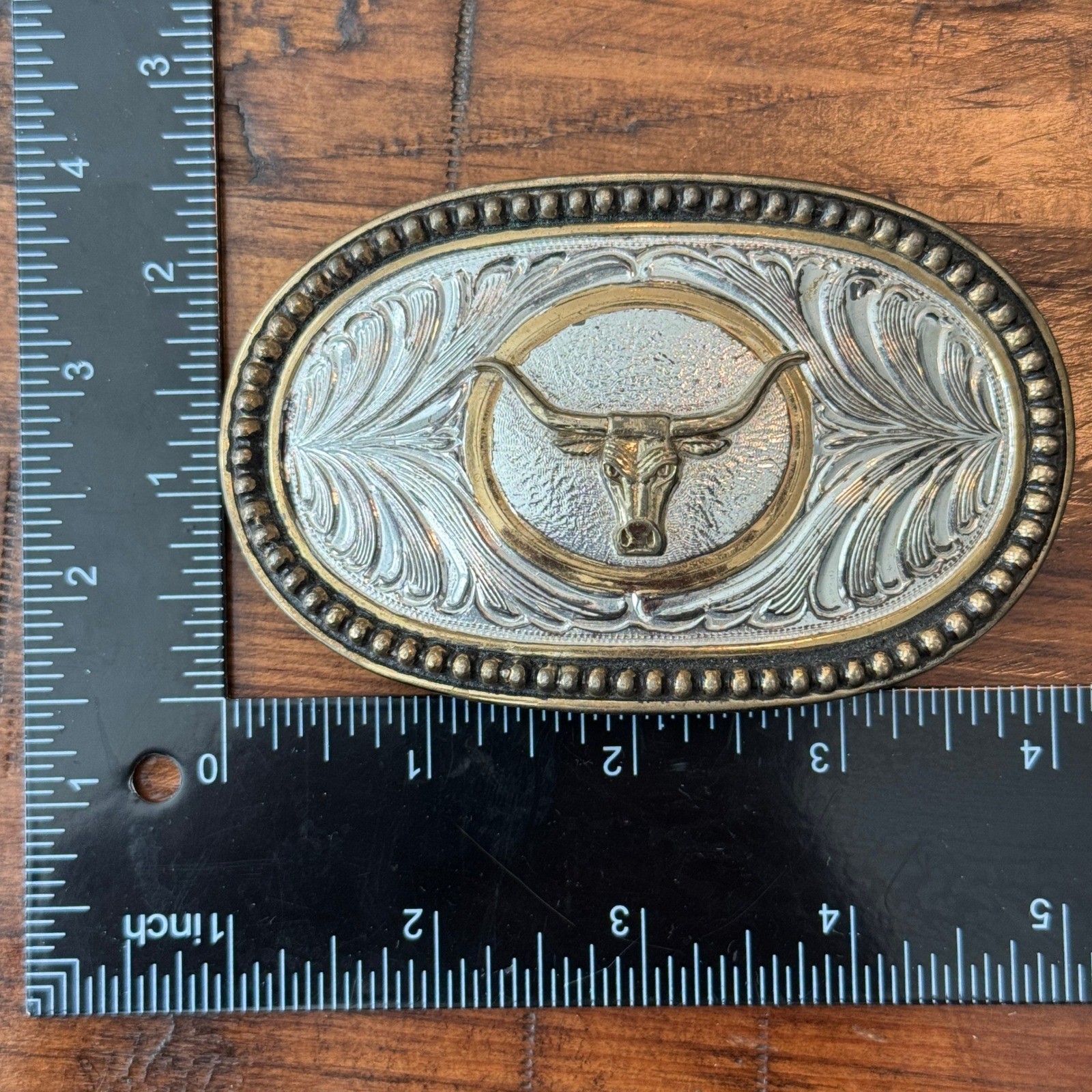 Western Longhorn Bull Belt Buckle Silver Gold Tone Floral Scroll Oval Cowboy
