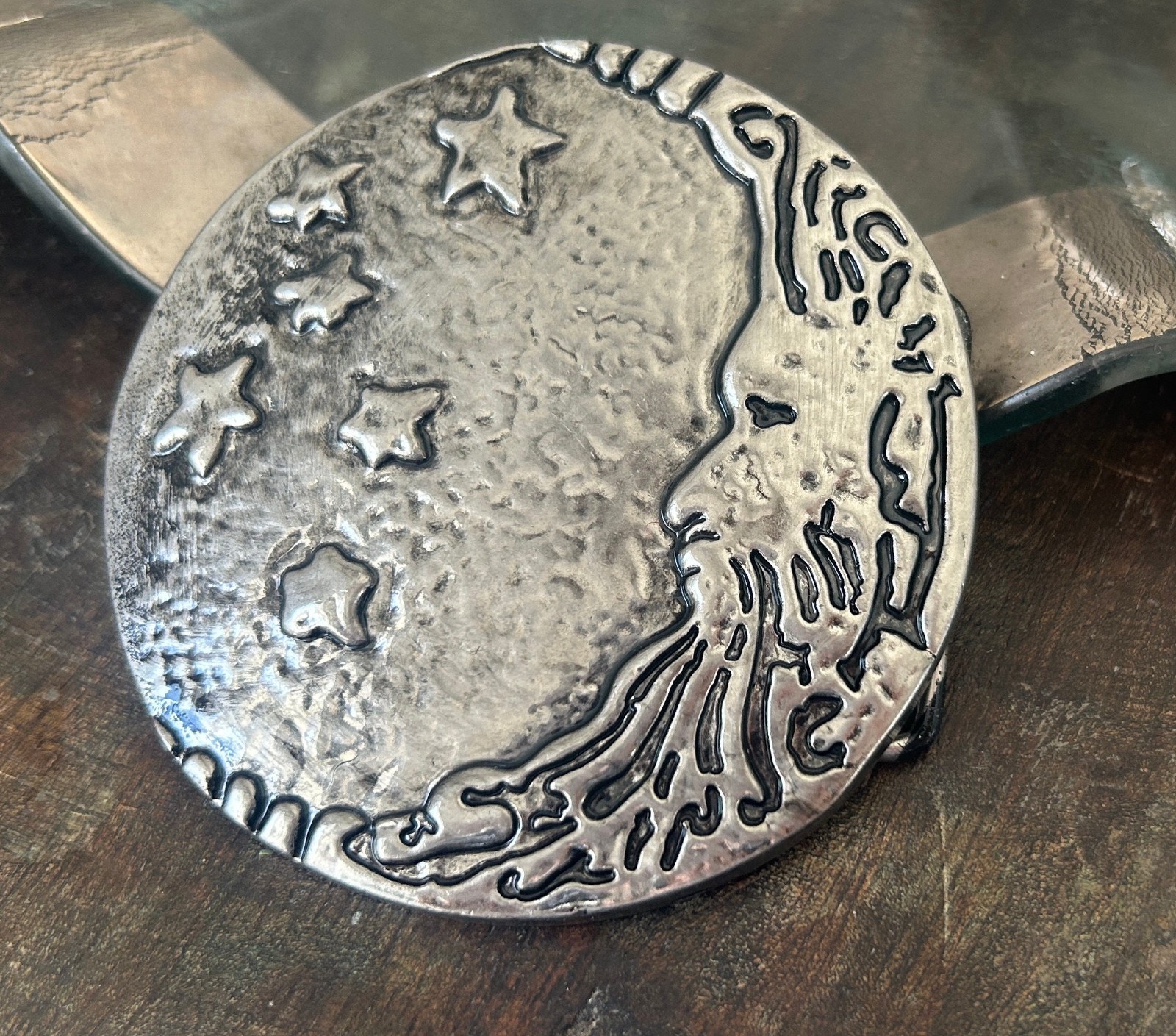 Handmade Silver Moon Face Belt Buckle Smiling Moon Stars Western Style