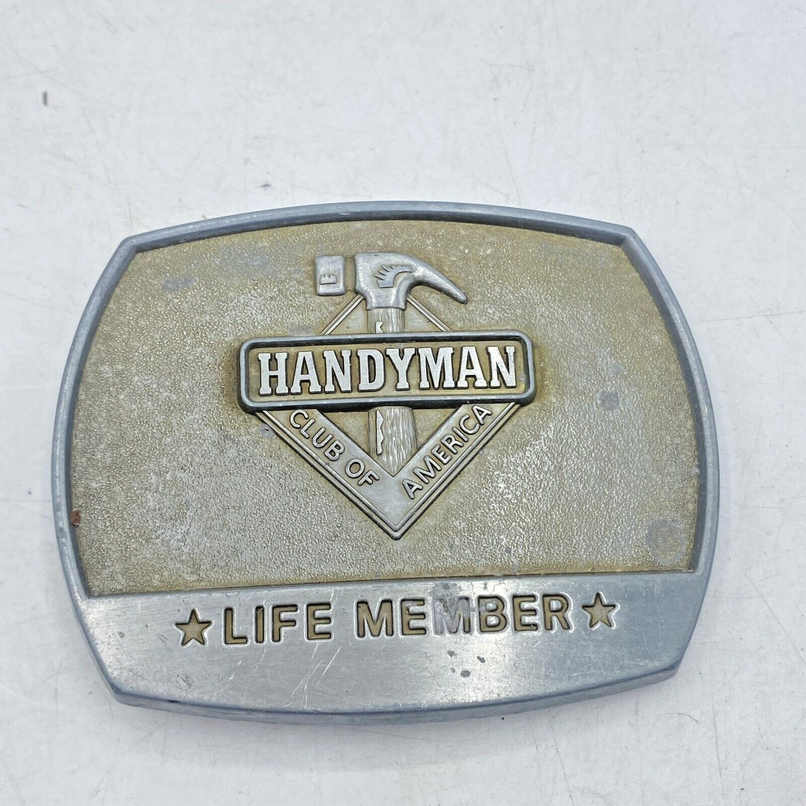 Vintage Belt Buckle Handyman Club Of America Life Member Brass Hammer 1996