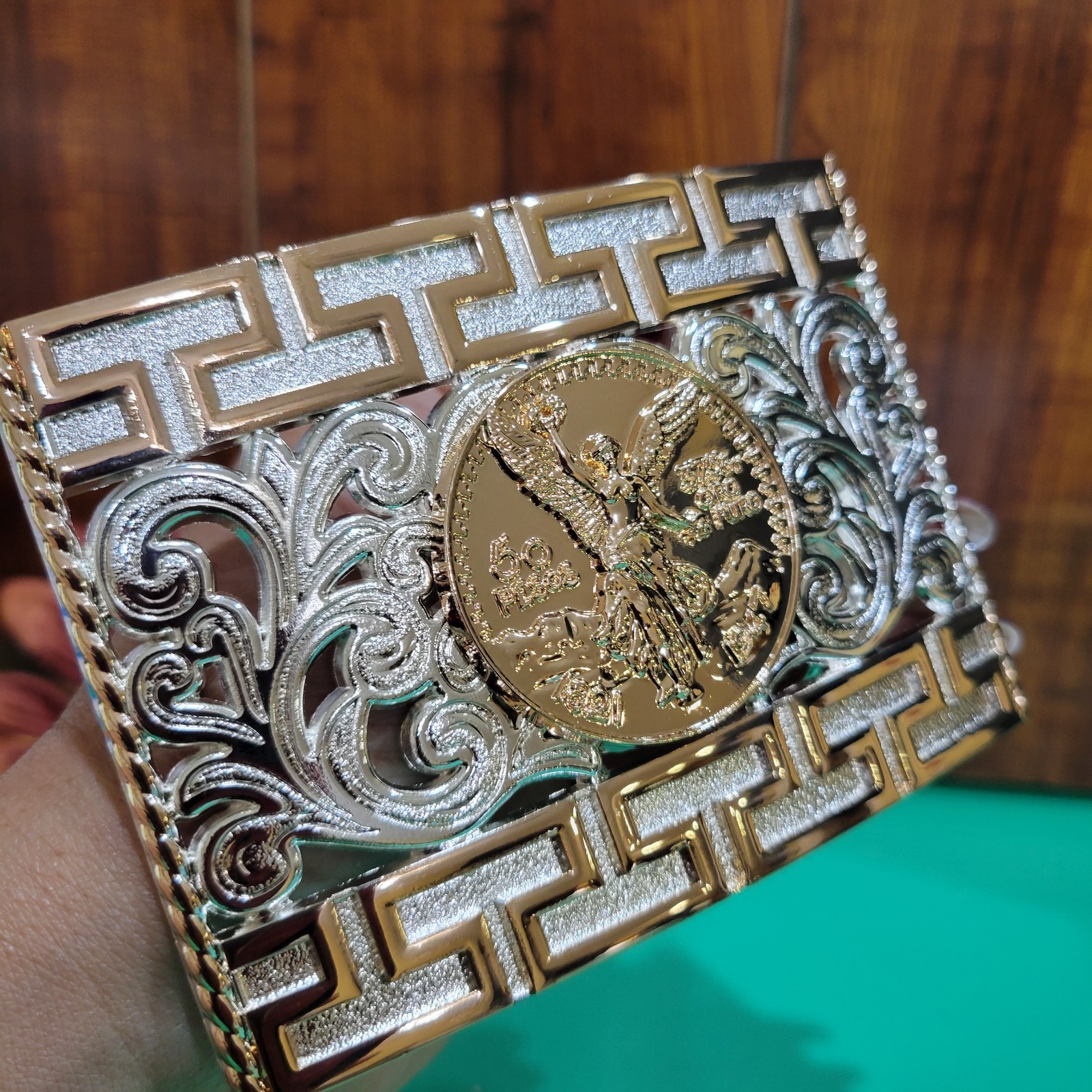 Centenario Cowboy Belt Buckle Western Rodeo Silver & Rose Gold Faux 50 Peso