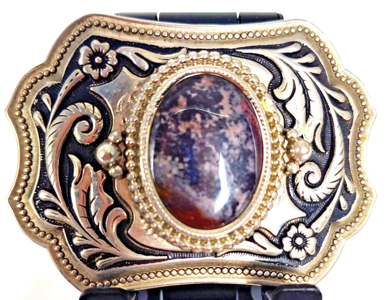 Vintage Belt Buckle Western Style Silver Ornate with Large Black Oval Stone