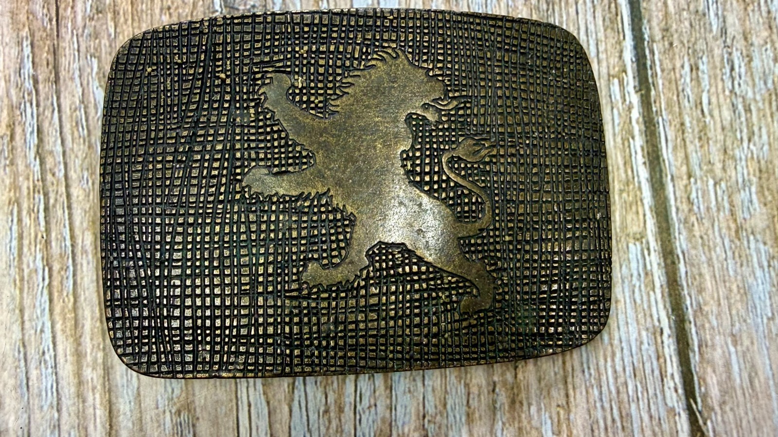 Heraldic Rampant Lion Grid Pattern Brass Tone Belt Buckle, Made in Italy