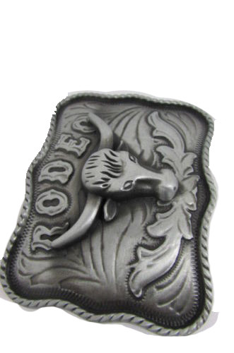 Men Buckle Silver Metal 3D Filigree Western Rodeo Bull Long Horns Texas Cow TX