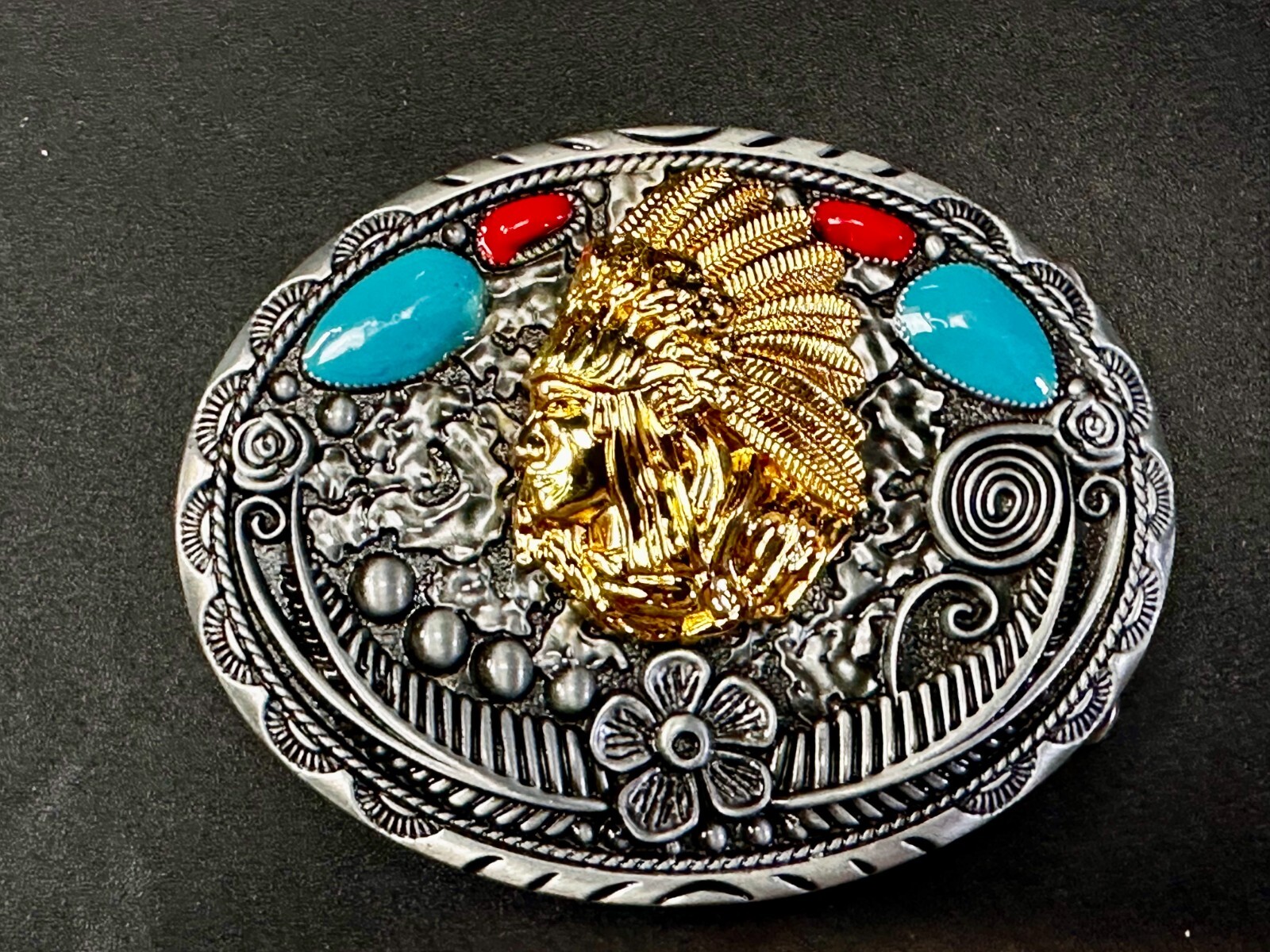 Native American Indian Chief in Head Dress Faux Turquoise & Coral Belt Buckle