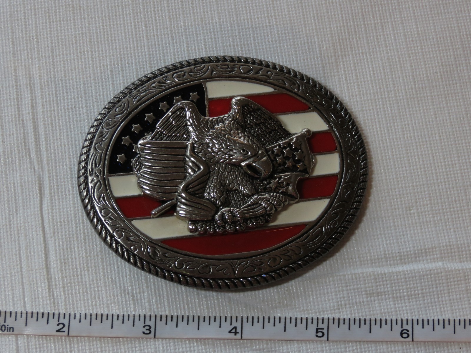 United States flag eagle enamel belt buckle Red white Blue silver Patriot Stars~