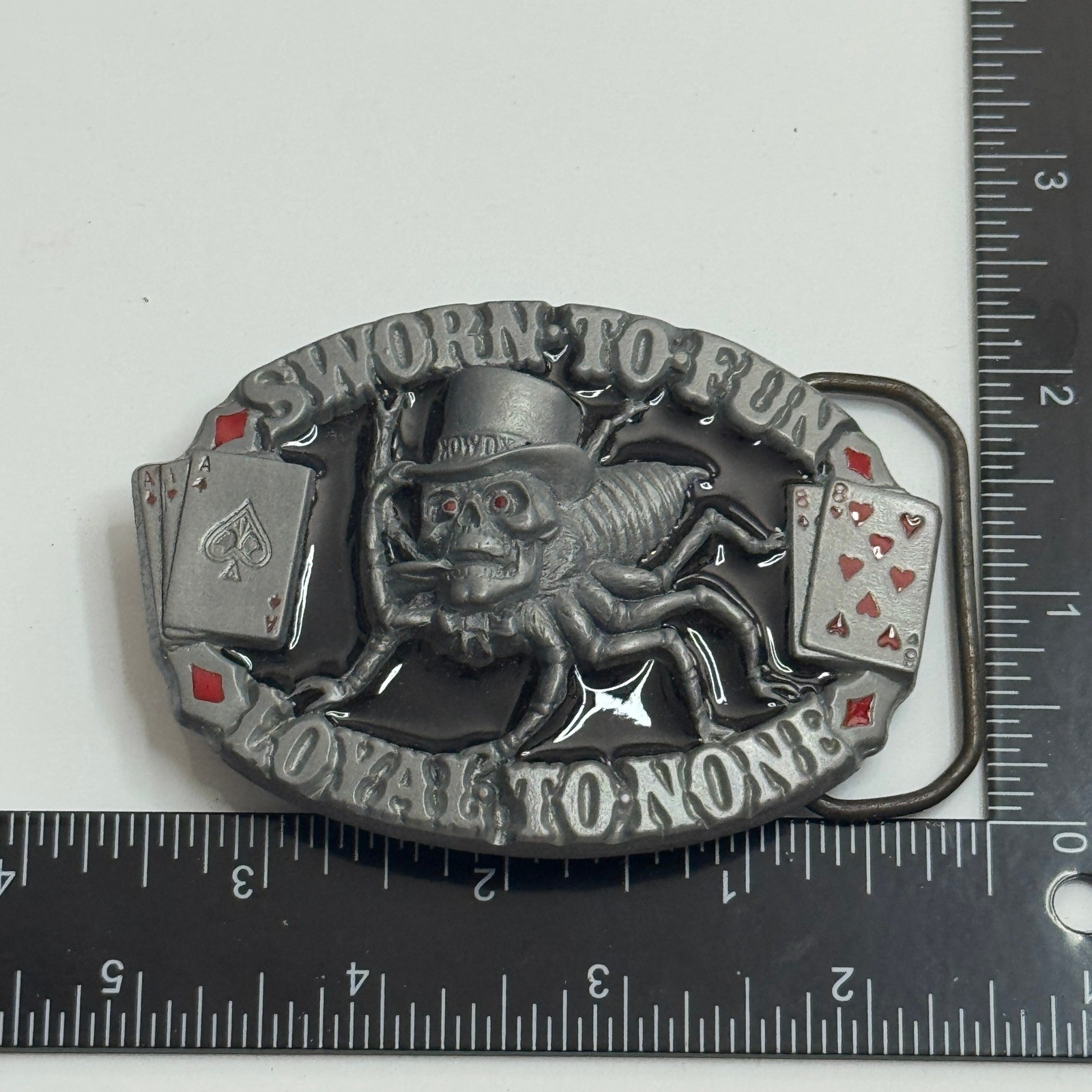 Skull Spider Belt Buckle Sworn to Fun Loyal to None Poker Cards Pewter 1995