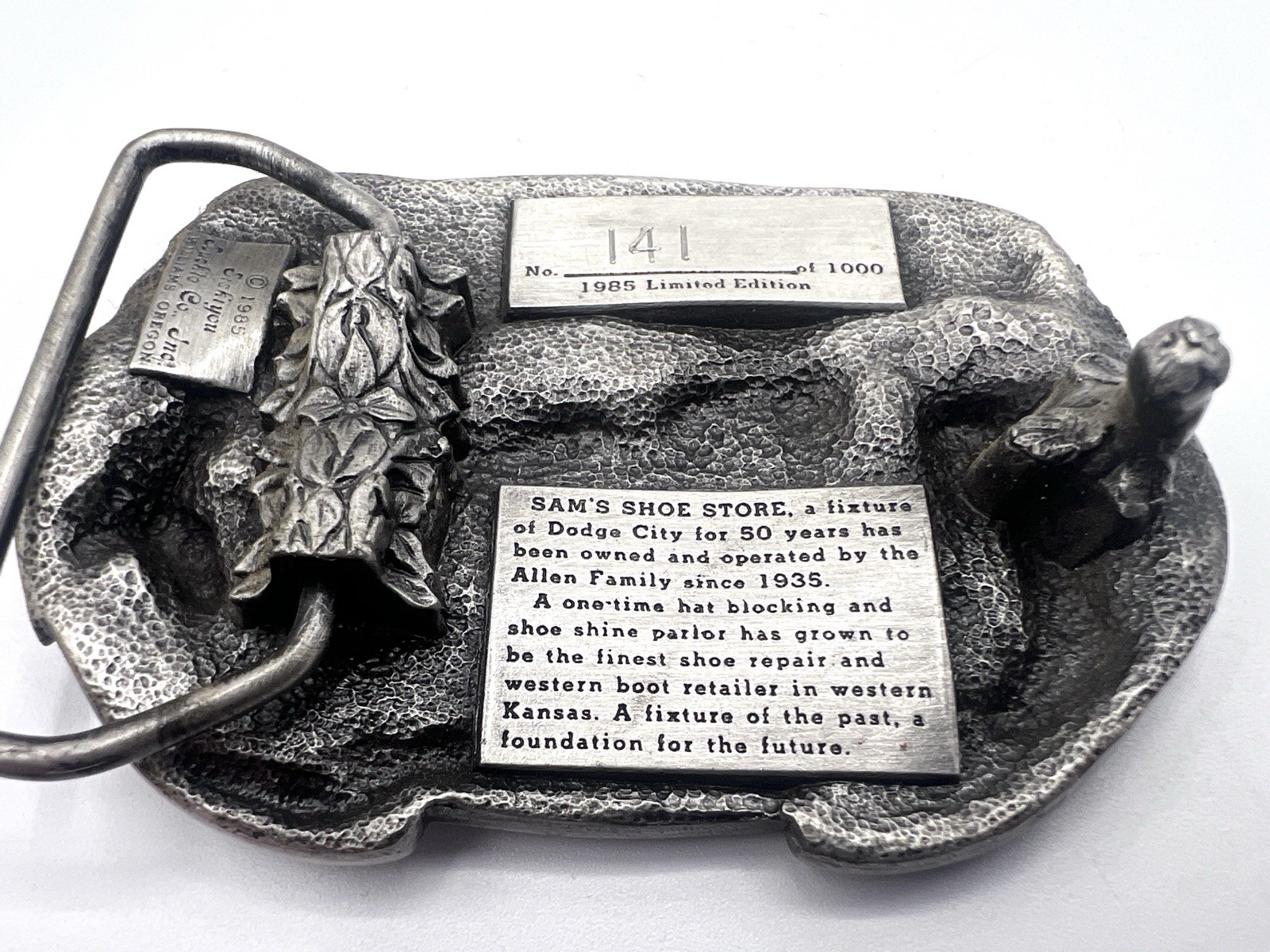 Dodge City Kansas SAM&rsquo;S SHOE STORE 1985 Pewter Belt Buckle Allen Cowboyboy Boots