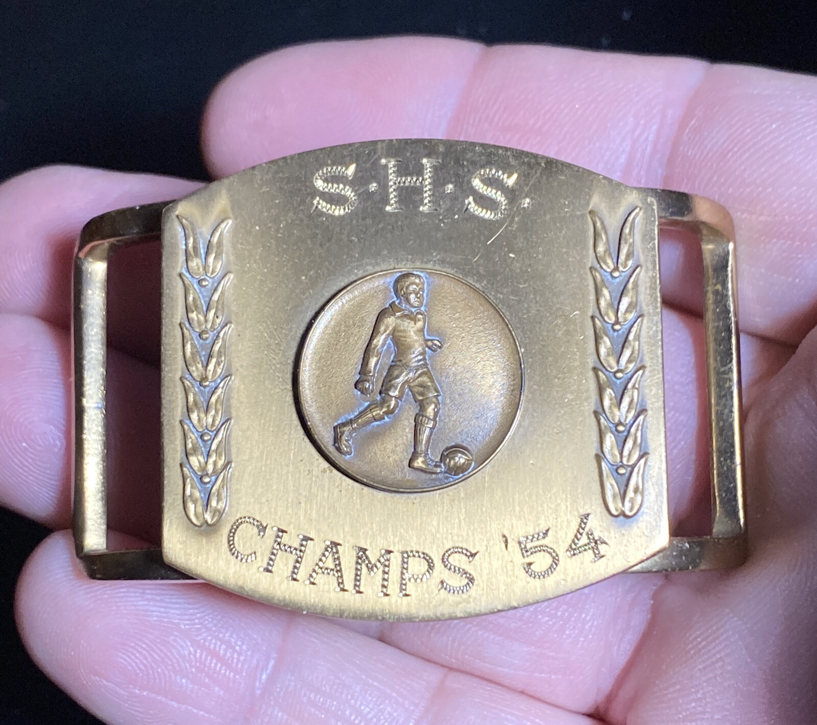 Jostens Vintage 1954 Soccer engraved 3D belt buckle S.H.S. Champs &rsquo;54 Futbol