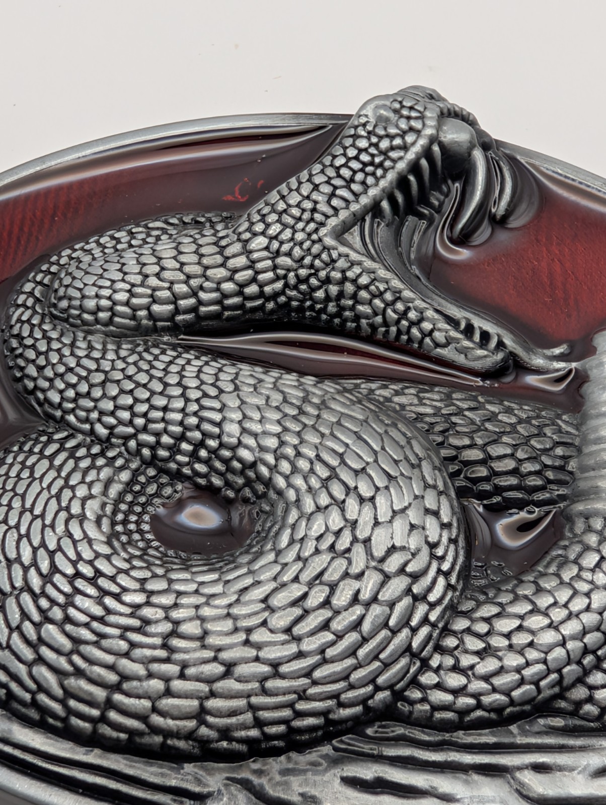 Rattlesnake Belt Buckle Coiled Snake Red Enamel Pewter Tone Western