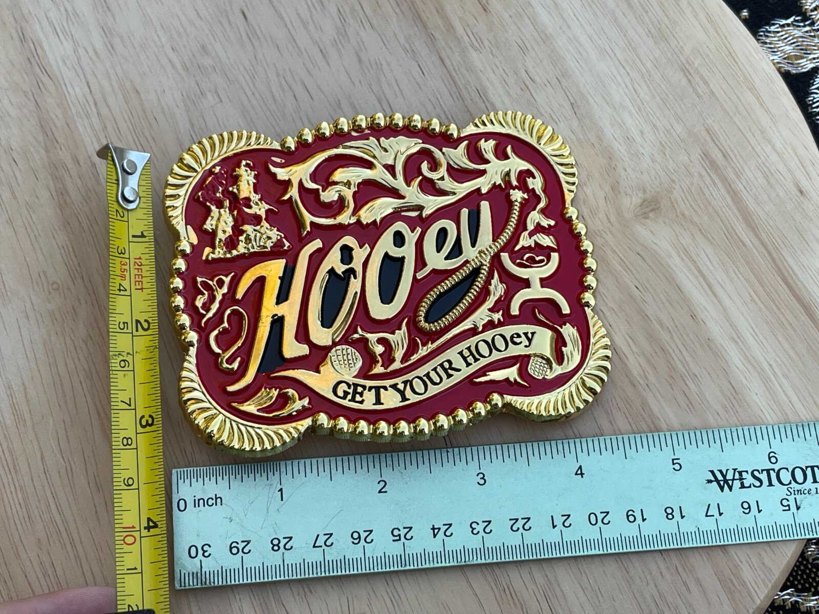 Western Buckle Gold Red Cowboy Rodeo 4.5 »x3.5 » Hooey Buckle 2 »Hebilla Vaquero
