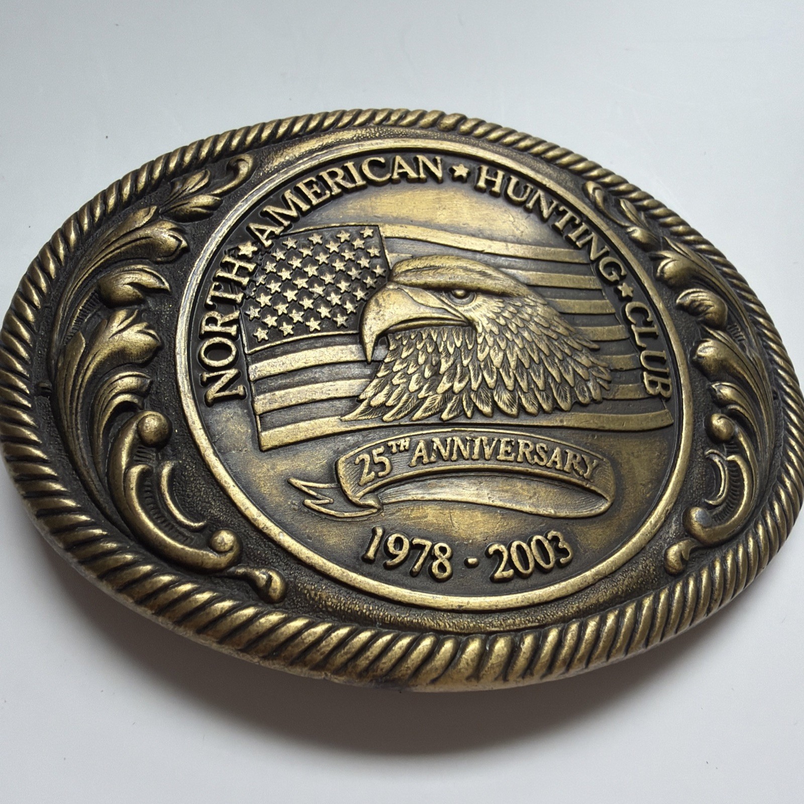North American Hunting Club Brass Belt Buckle 25th Ann 1978-2003 Oval Eagle Flag