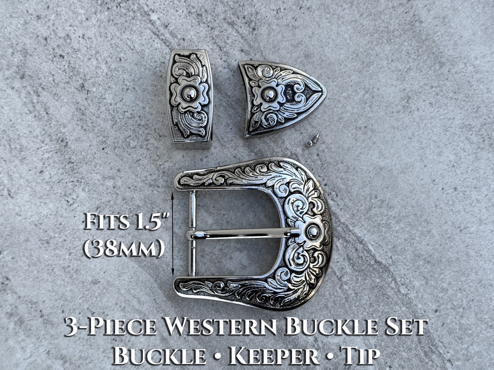 Western 3-Piece Belt Buckle Set Floral Engraved Silver Bronze Cowboy Rodeo Style