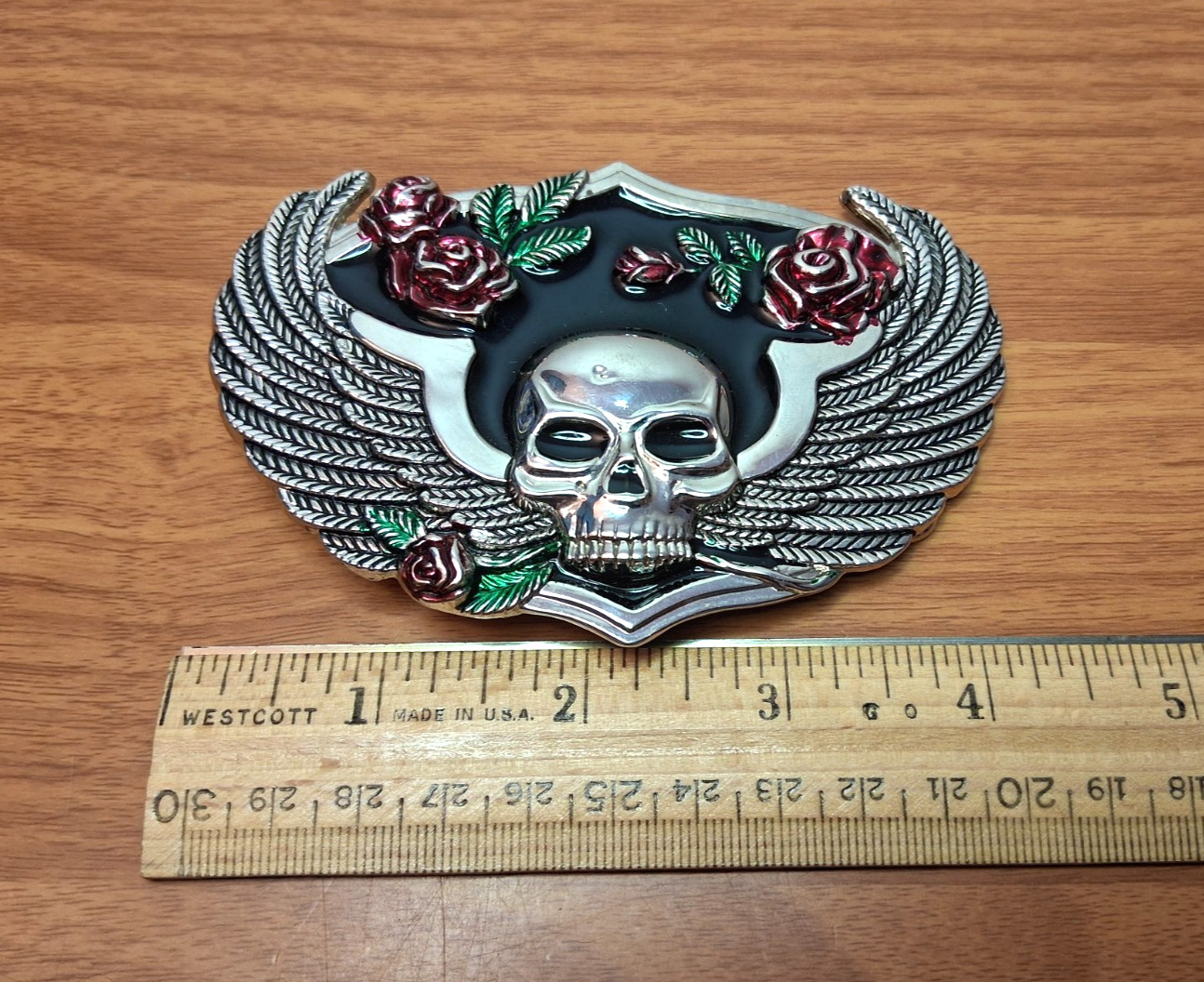 Winged Skull with Roses Metal Enamel Belt Buckle Silver Black Red fits 1.5&Prime; Belt