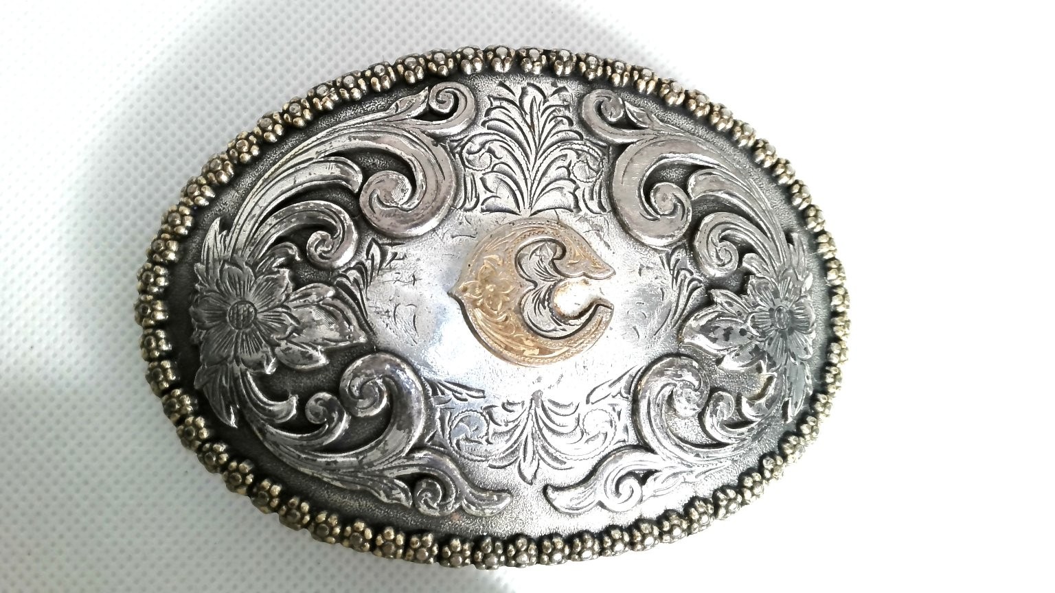 Nocona Western Belt Buckle Silver Gold Floral Oval Letter C