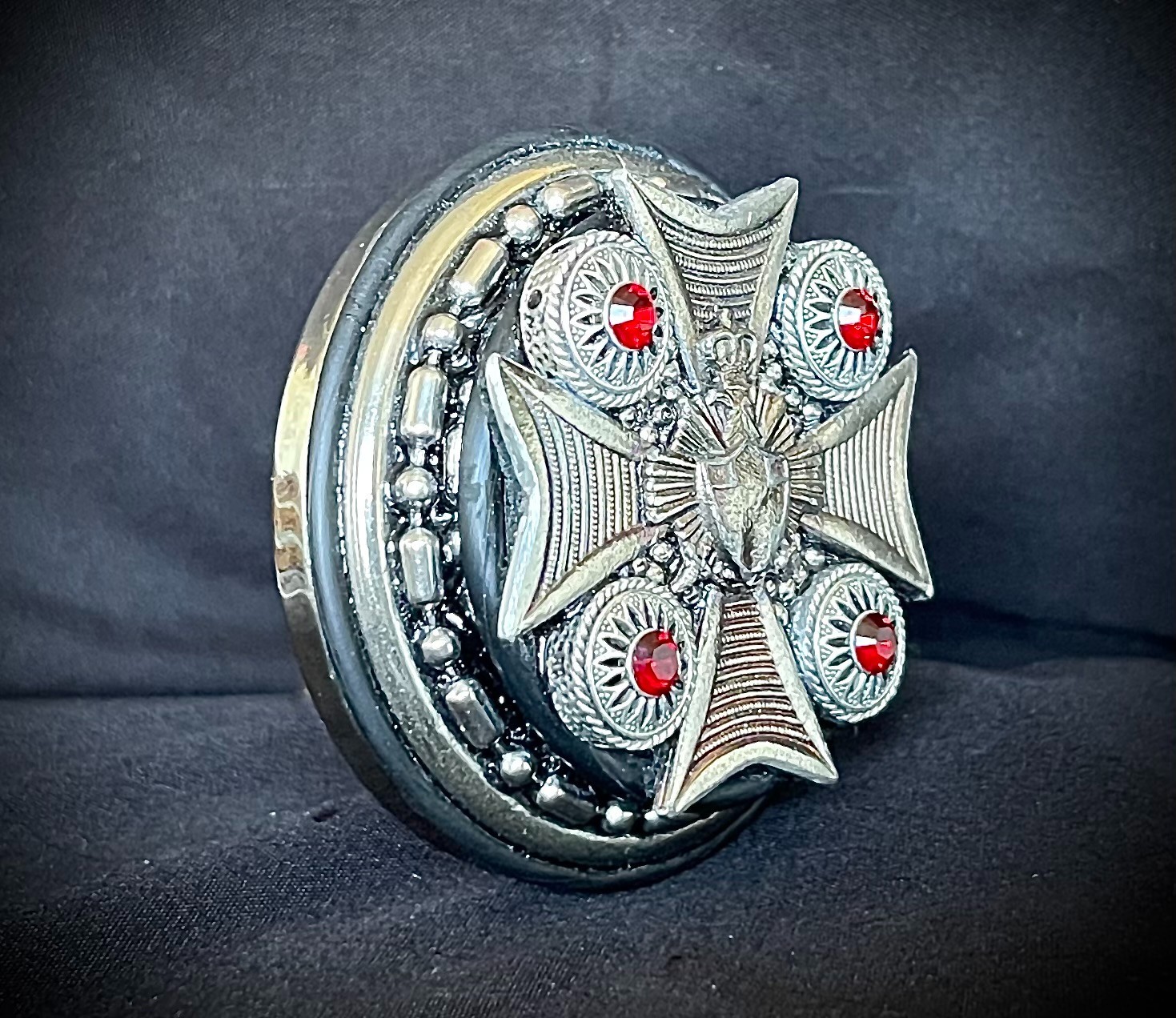 “Blood Cross Relic” New Belt Buckle Red Crystal Industrial OOAK Darren McNeese