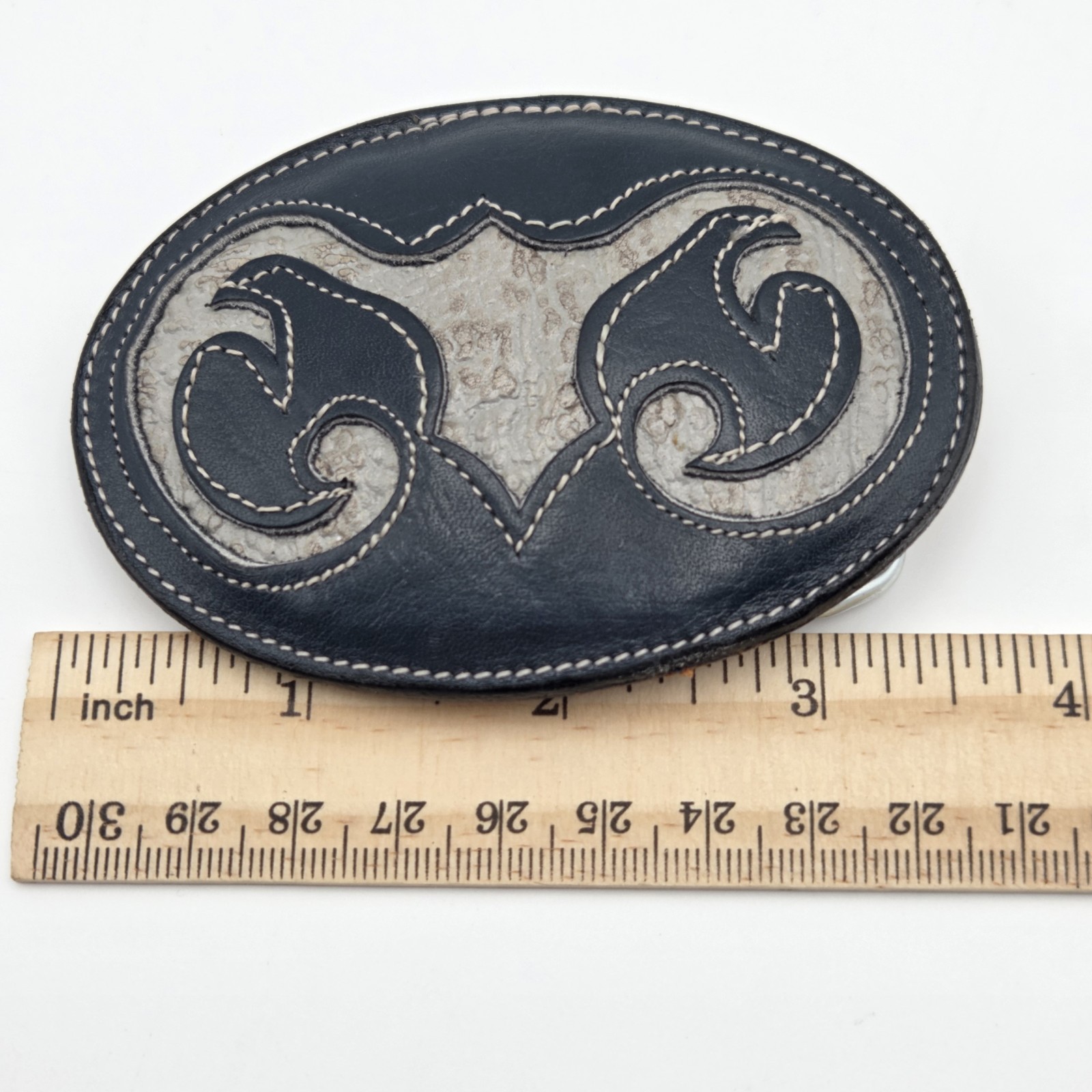 Vintage Tony Lama Navy Blue & Gray Antelope Skin Belt Buckle Made In USA