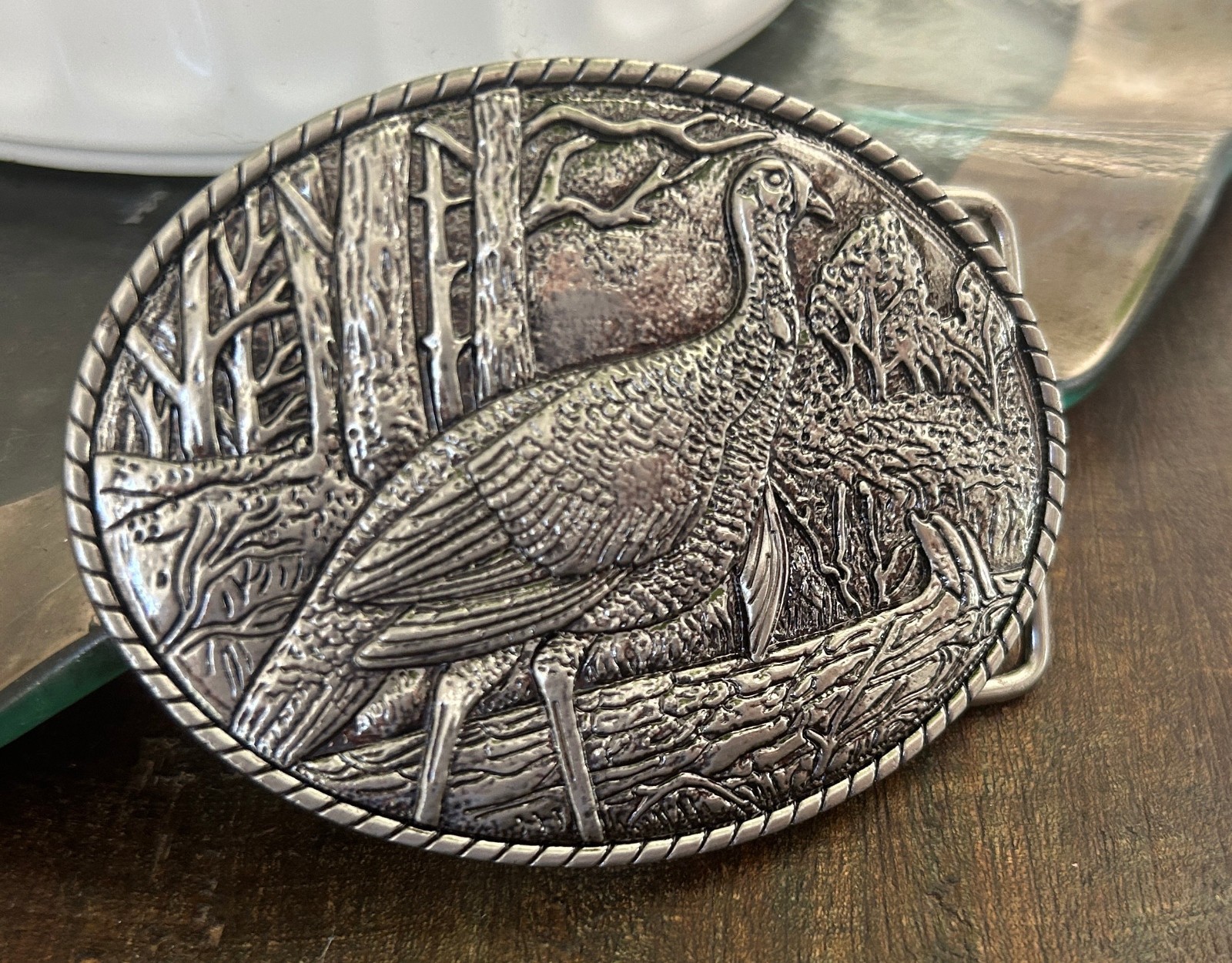 Silver Turkey Belt Buckle Engraved Hunting Scene Made in USA Western Cowboy