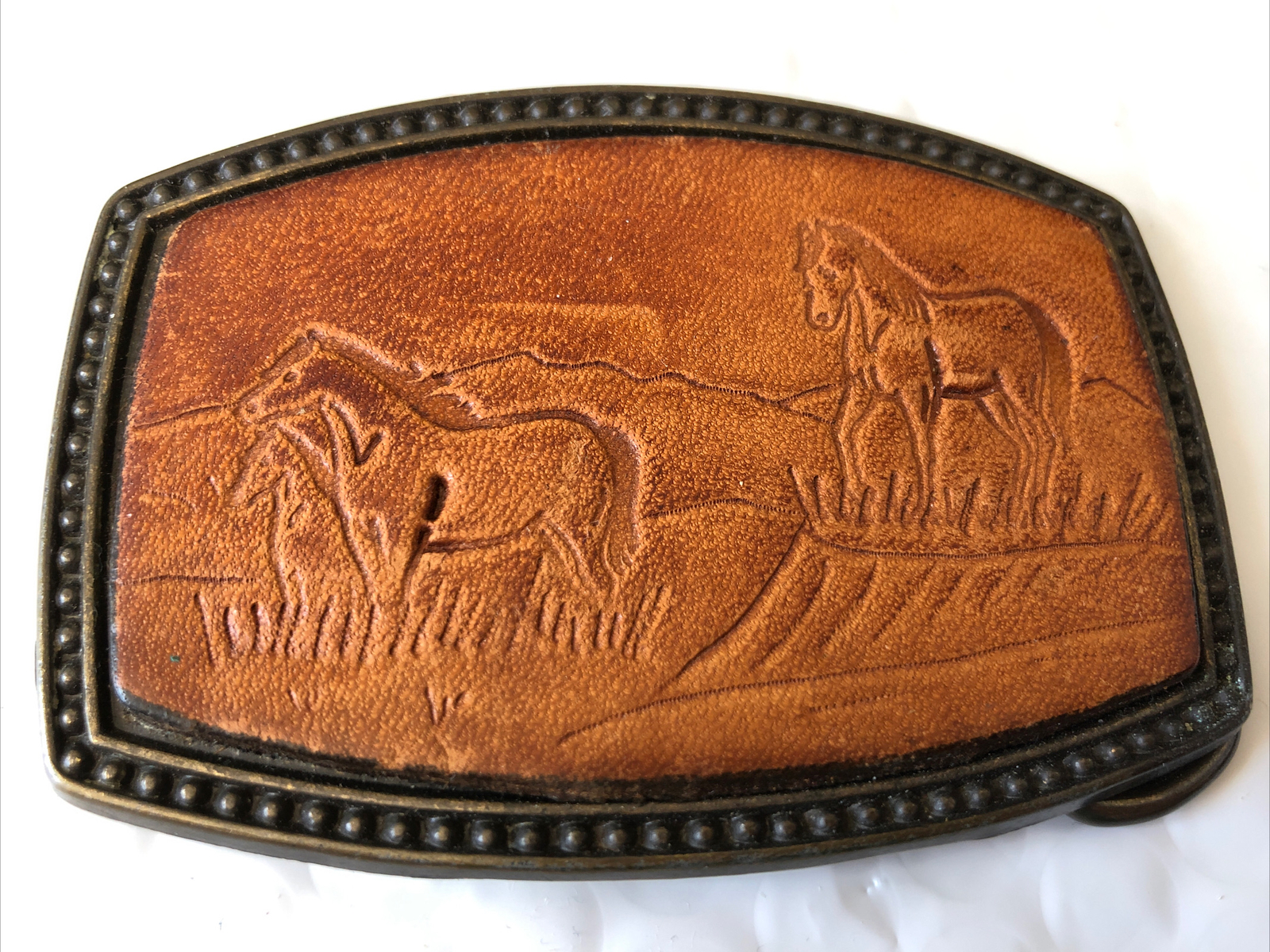 Rectangle Leather and 681 Brass Belt Buckle Horses in a field