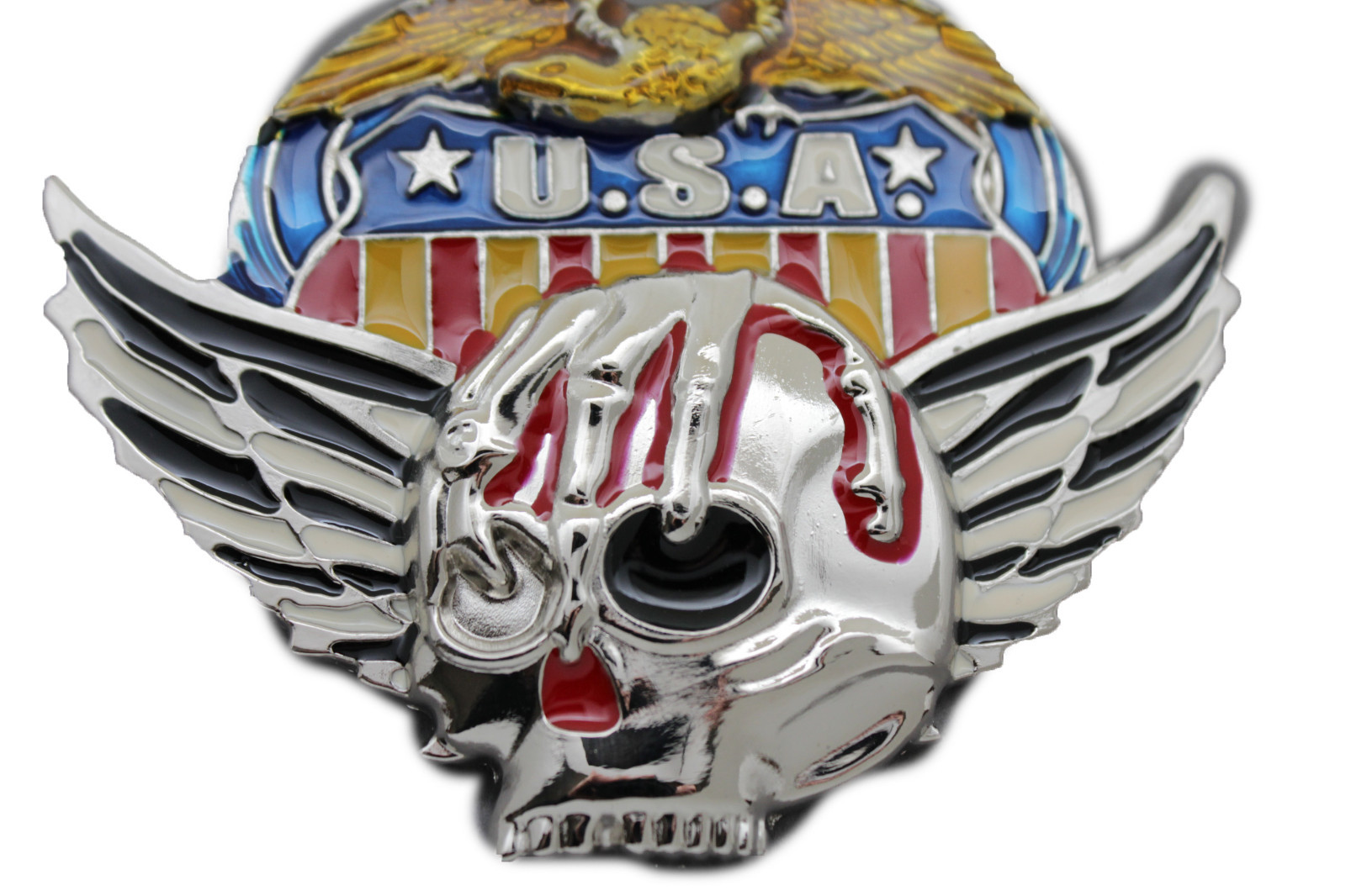NEW Men Silver Belt Buckle Skull Wings Skeleton USA Army American Eagle Bloody