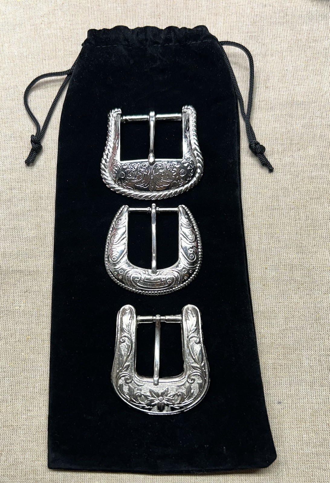 Lot 3 Western Vintage Style Engraved Belt Buckles Silver Tone Floral Scroll