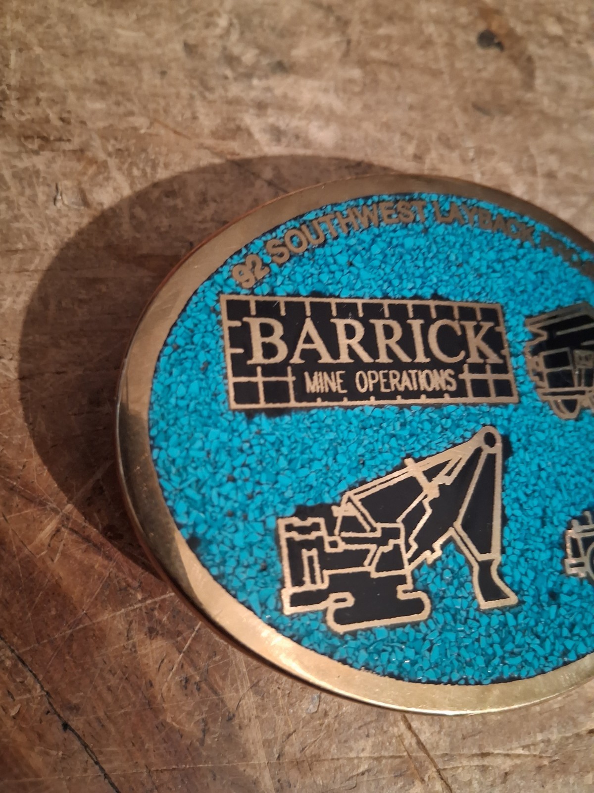 Vintage Brass Turquoise Excavator Belt Buckle, Barrick Gold Mine, Vegas 92