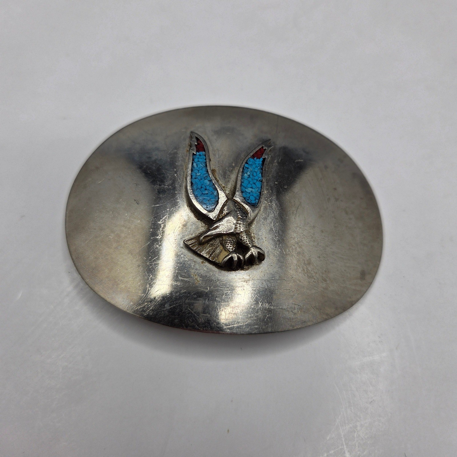 Vintage Belt Buckle Eagle Turquoise Red Chip Inlay Oval Silver Tone Western G7