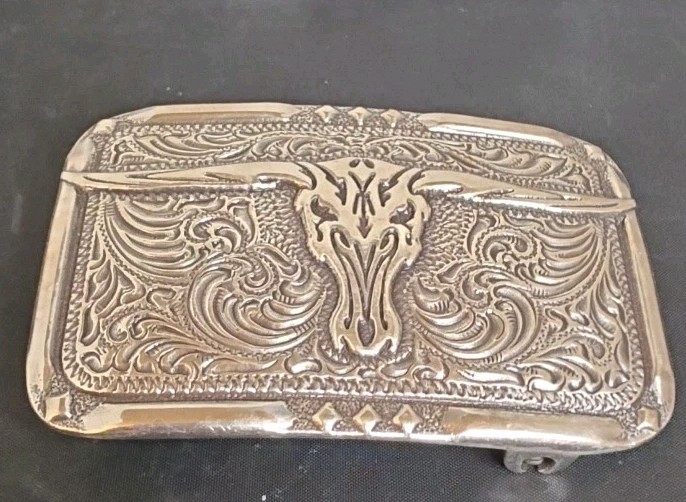 Nocona Western Belt Buckle Longhorn Steer Head Skull Silver Tone Cowboy Bullride