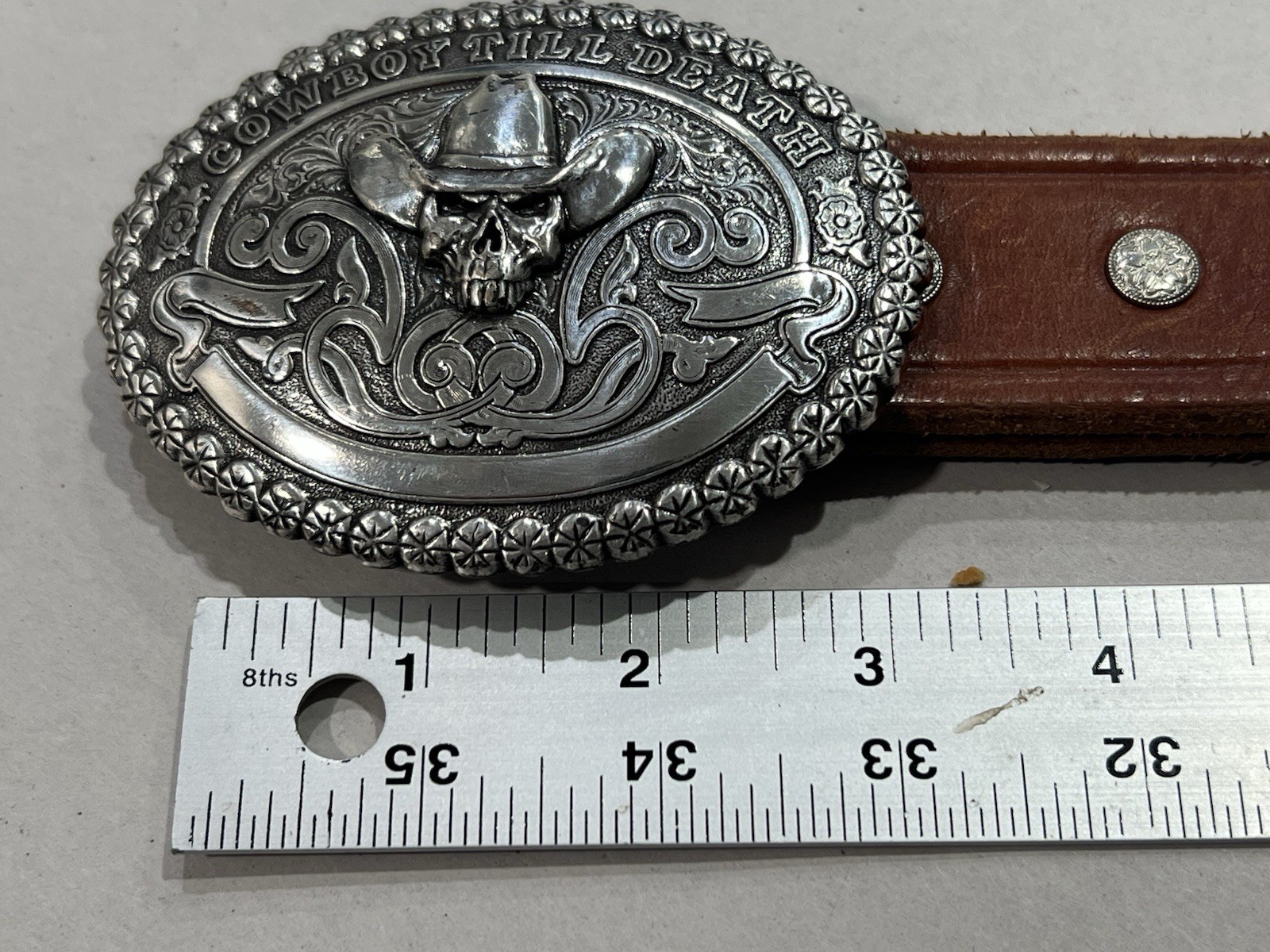 Crumrine Western Belt Buckle Cowboy Till Death Silver Creek Brown 36