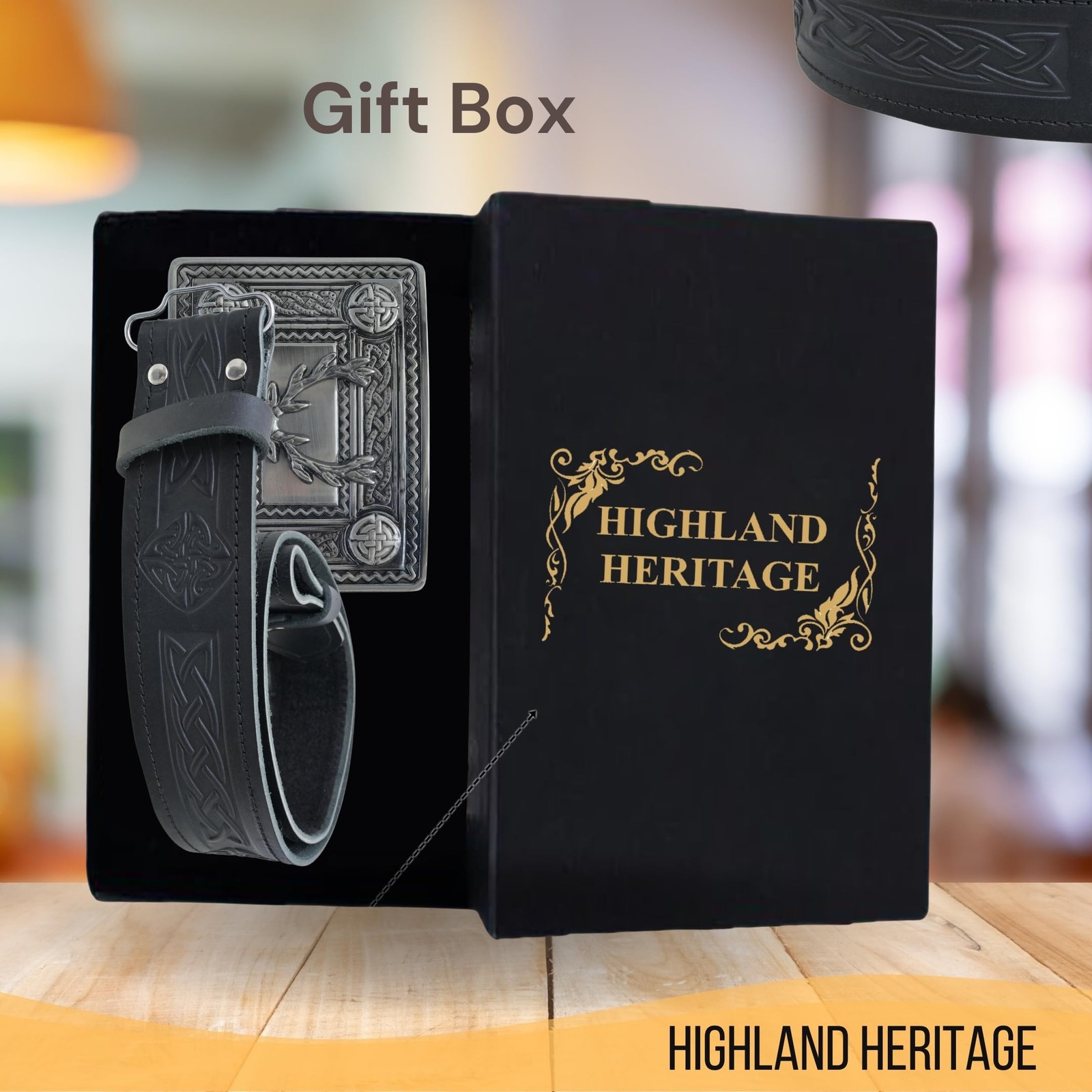 Kilt Belt and Buckle Set – Scottish Celtic Embossed Large – 38&Prime; to 42&Prime;, Black