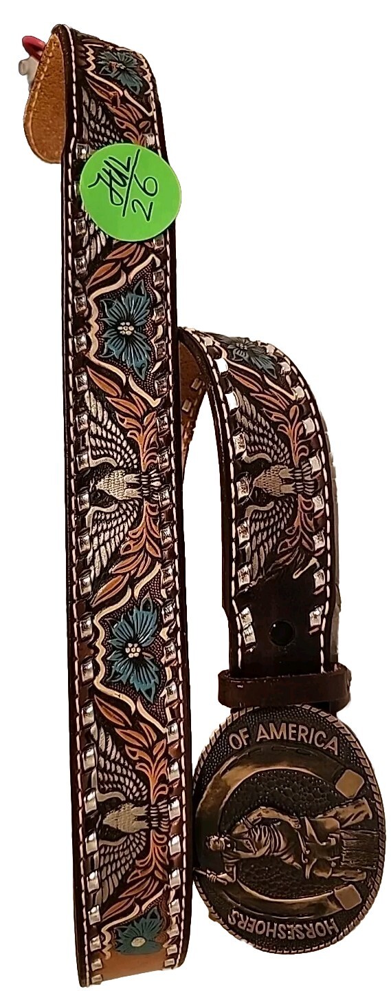HORSESHOERS AMERICA AWARD DESIGN SOLID BRASS BUCKLE W/ LEATHER WILSON BELT SZ40