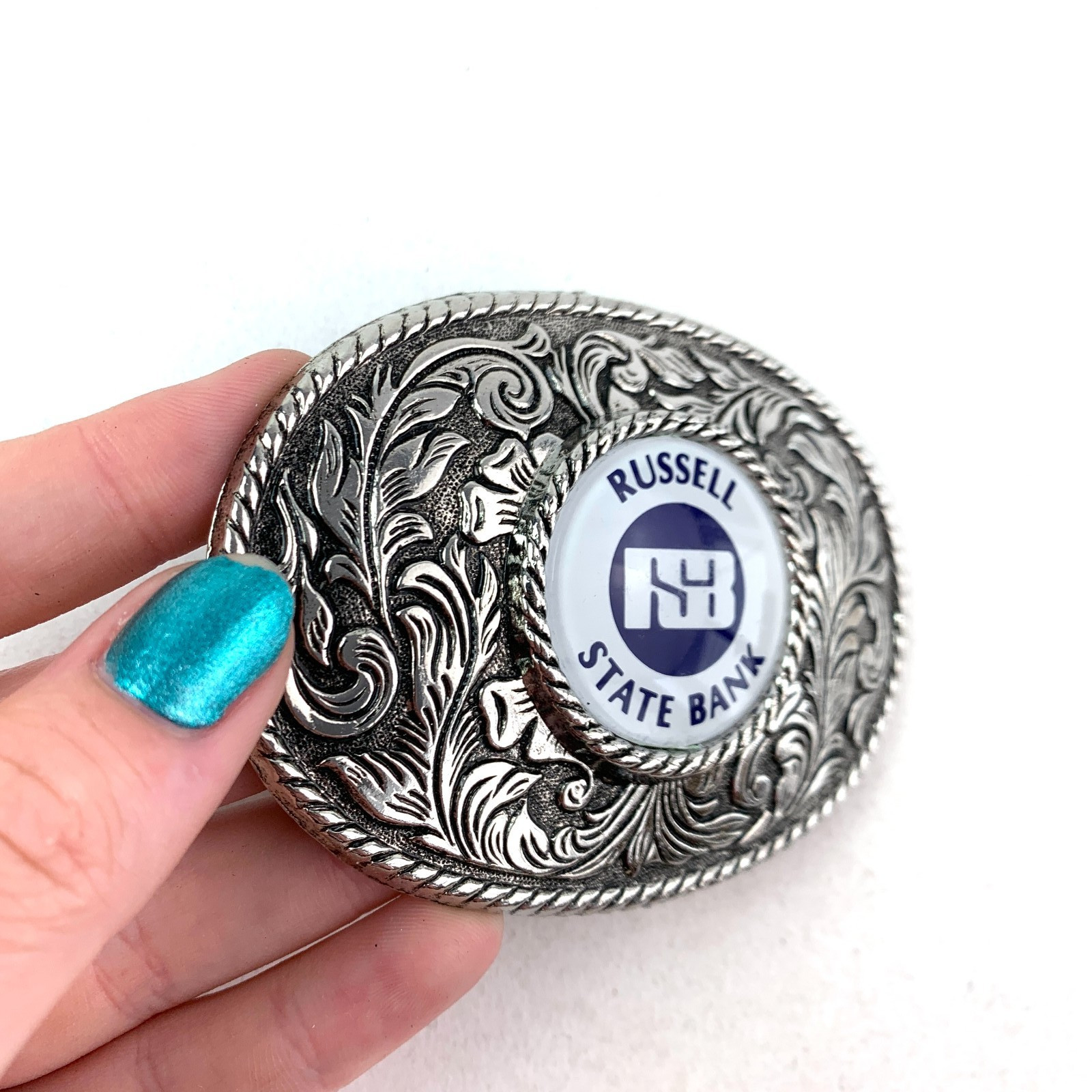 Vintage Russel Kansas State Bank Ornate 3D Metal Belt Buckle New