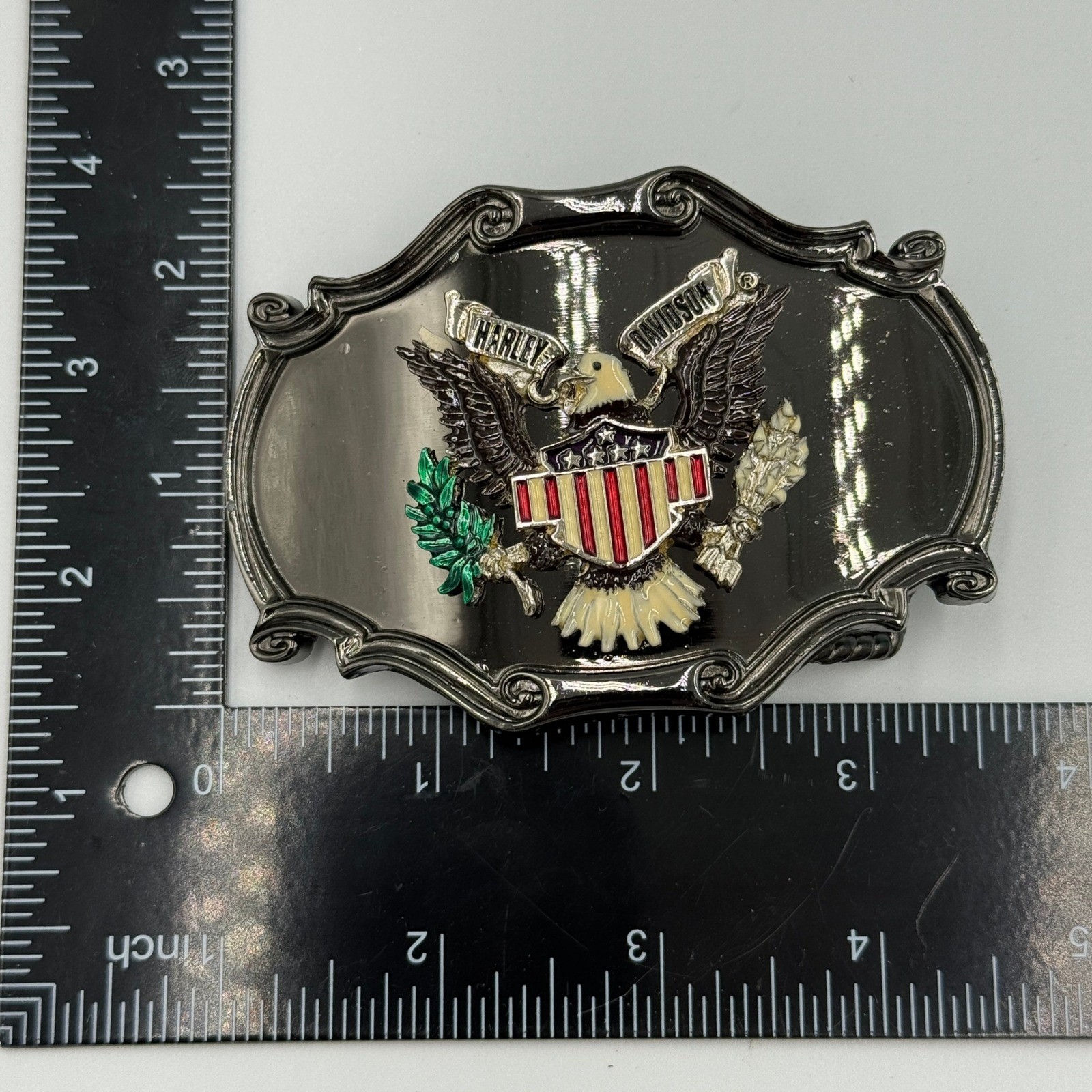 Vintage 1978 Raintree Harley Davidson Eagle Belt Buckle Black Enamel Americana