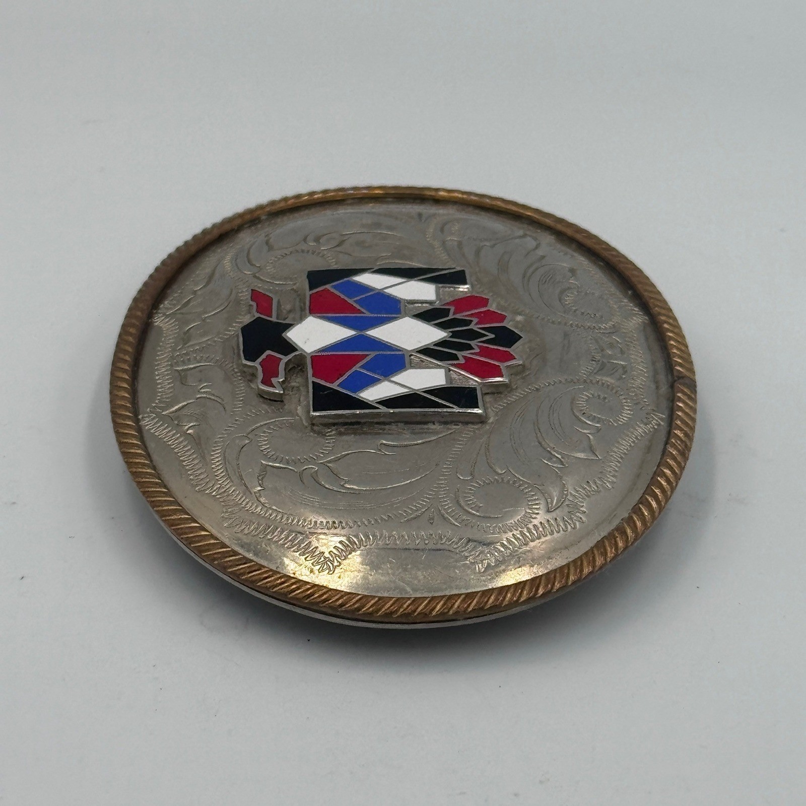 Vintage German Silver Thunderbird Belt Buckle Western Enamel Floral Engraved