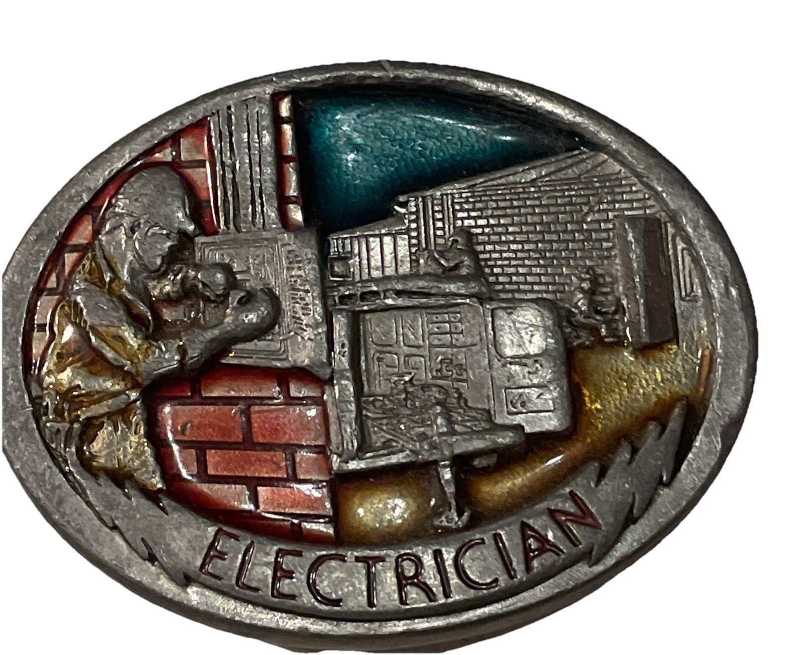 1988 C&J Vintage Electrician Pewter Enamel Belt Buckle 1054 Made USA 3.25×2.5”