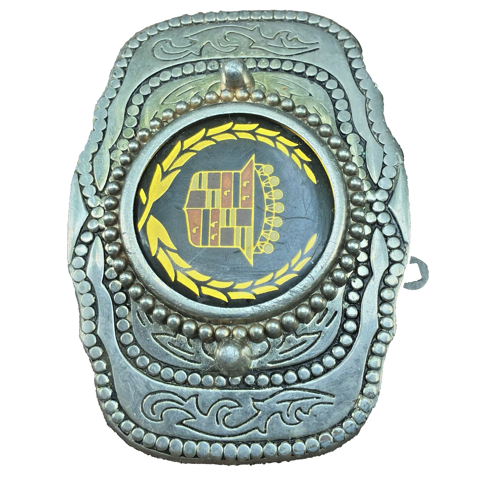 Vtg 1970s Western-Style Cadillac Crown Logo Automotive Belt Buckle Enamel Inlay