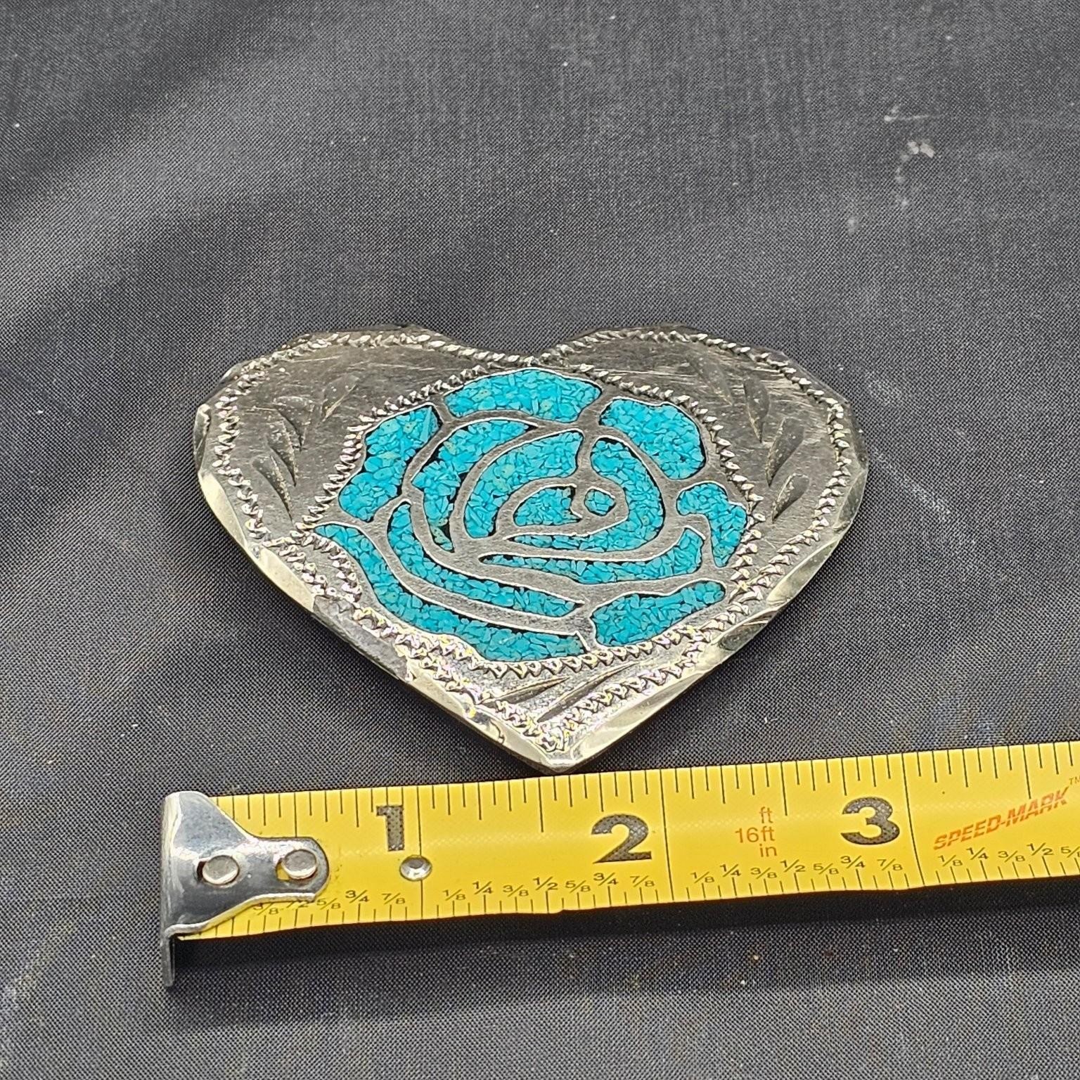 Turquoise Inlay Heart Shaped Men&rsquo;s Belt Buckle 3 Inch Silver Tone