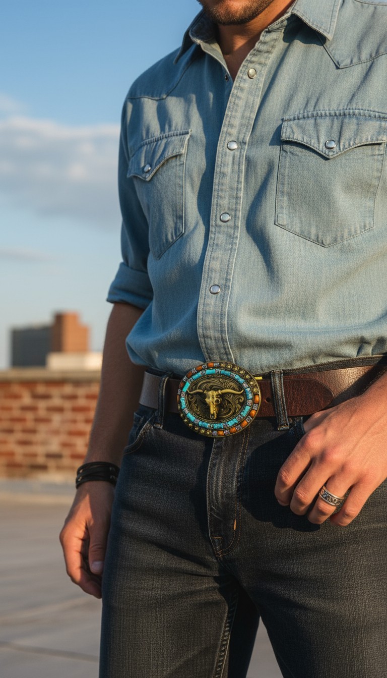 New Men Women Rusty Gold Metal Buckle Western Fashion Bull Long Horns Cow Texas