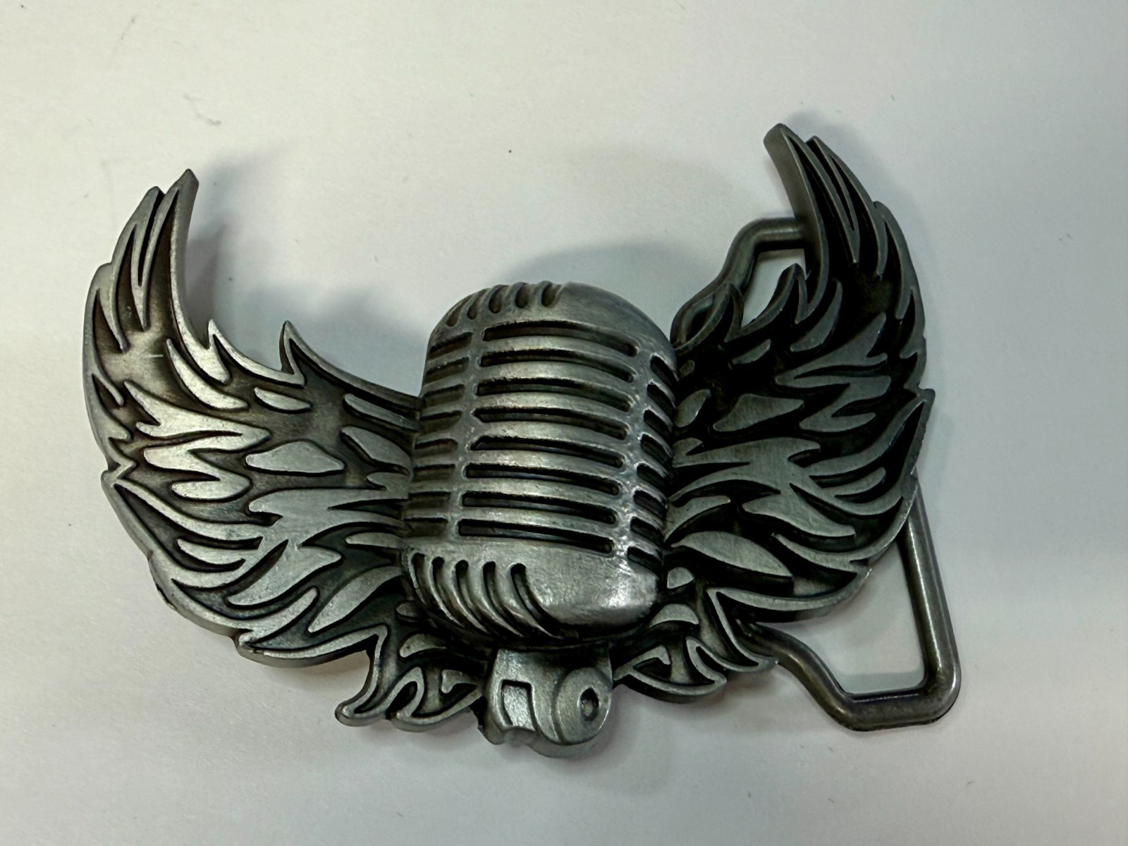 Retro Microphone Flying Mic & Wings Rock Music Silver Color Cutout Belt Buckle