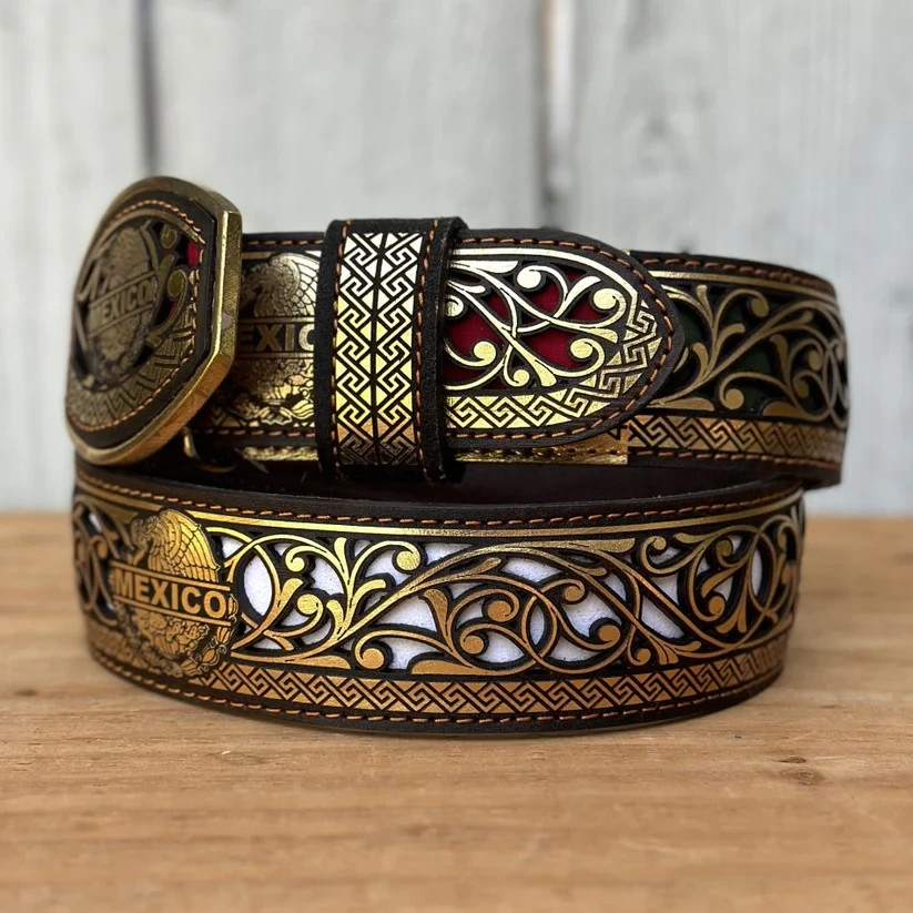 Genuine Laser Cut Leather Mexico Western Belt with Removable Buckle – Gold