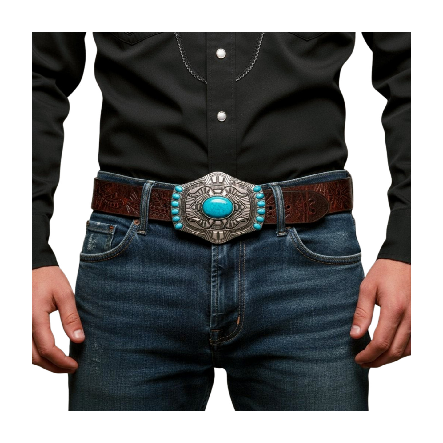 Men Women Silver Big Metal Belt Buckle Southwestern Fashion Turquoise Blue Beads