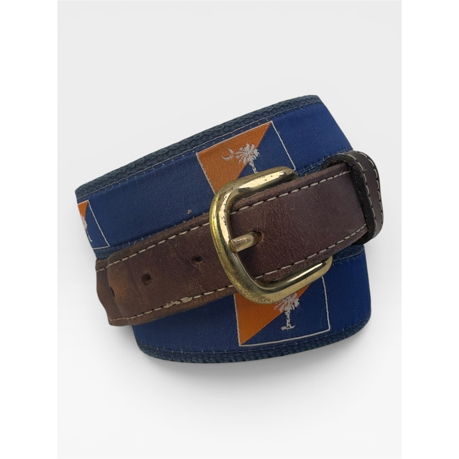 Men’s Classic Brown Leather & Canvas Blue & Orange Belt Palm South Carolina 38”