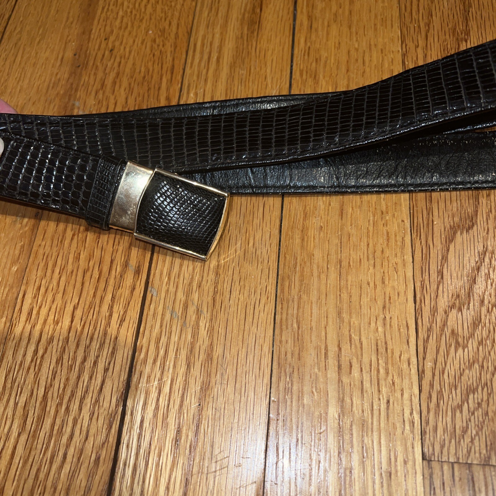 L.F.B. Black Lizard Skin Belt Self Locking Buckle Vintage 42”