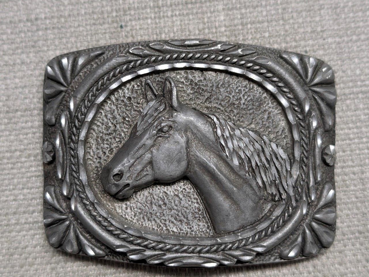 vintage USA made HORSE belt buckle EQUESTRIAN cowboy WESTERN pewter