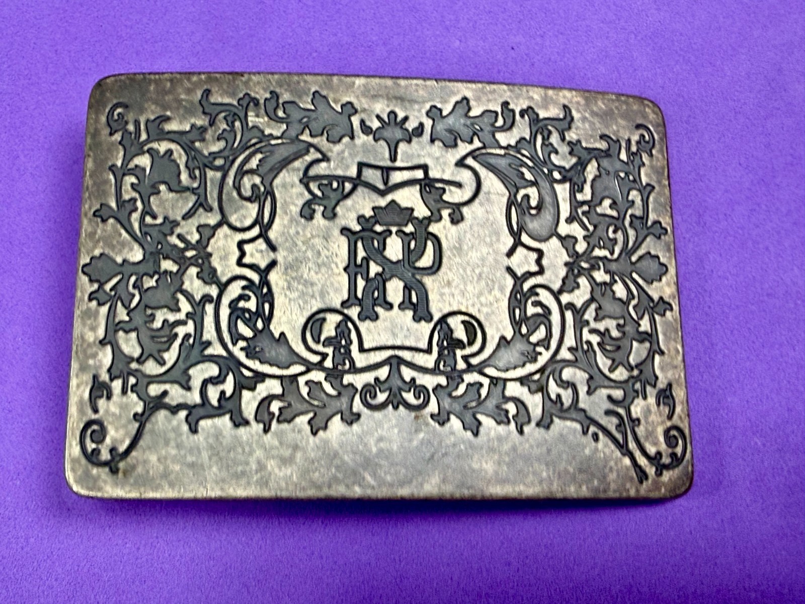 Letter EXP Monogram Scroll Ornate Pattern Silver Tone Rectangular Belt Buckle