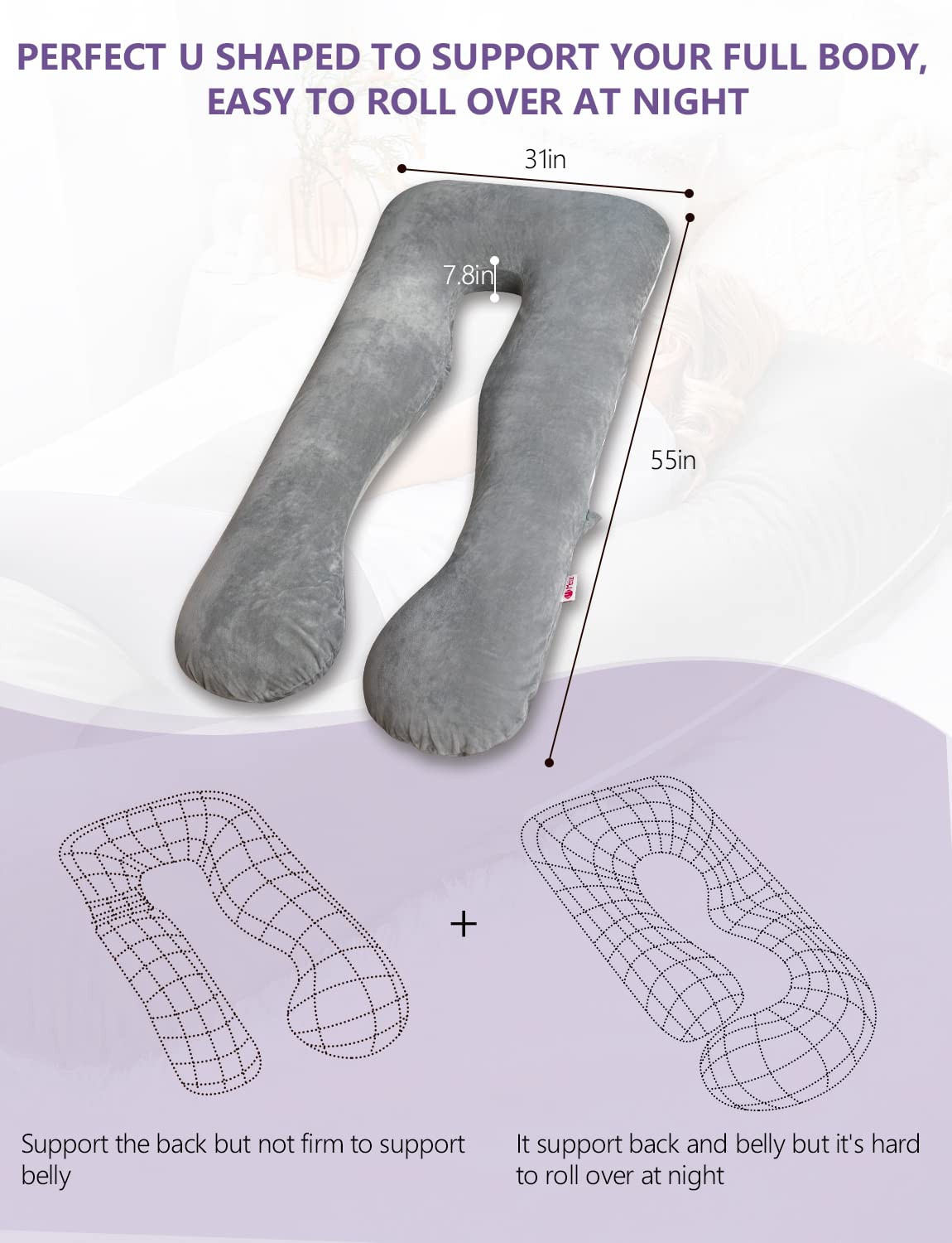 Pregnancy Pillow, U Shaped Pregnancy Body Pillow with Zipper Removable Cover (Gr