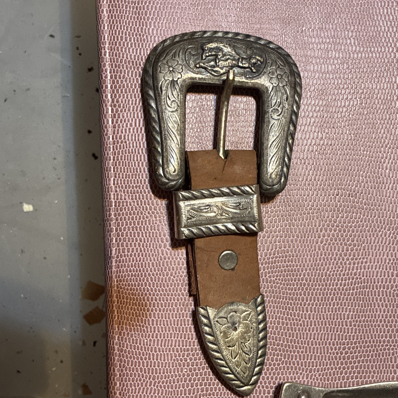 Western Engraved Floral Silver-Tone Buckle w/ Brown Leather Ends, Fits 1&Prime;