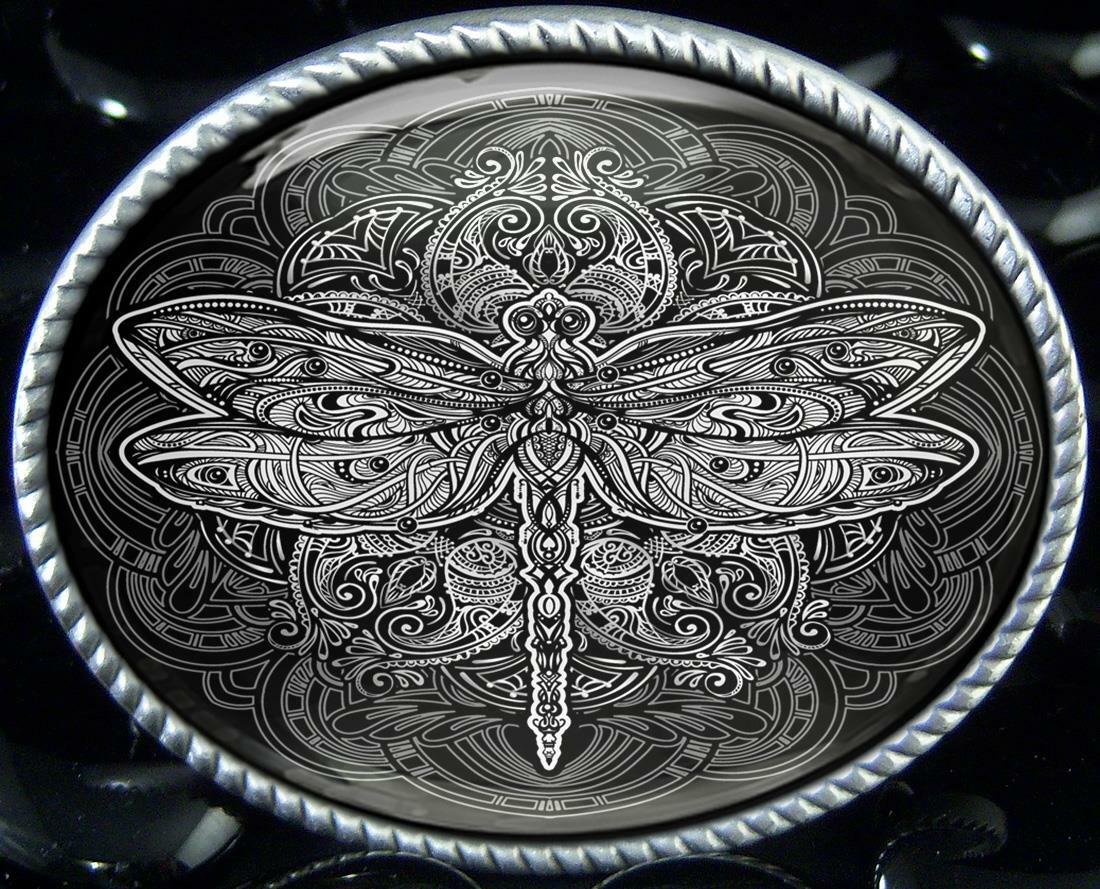 Ornate Dragonfly Belt Buckle – Art Nouveau Esoteric Mandala Handmade Buckle – 32