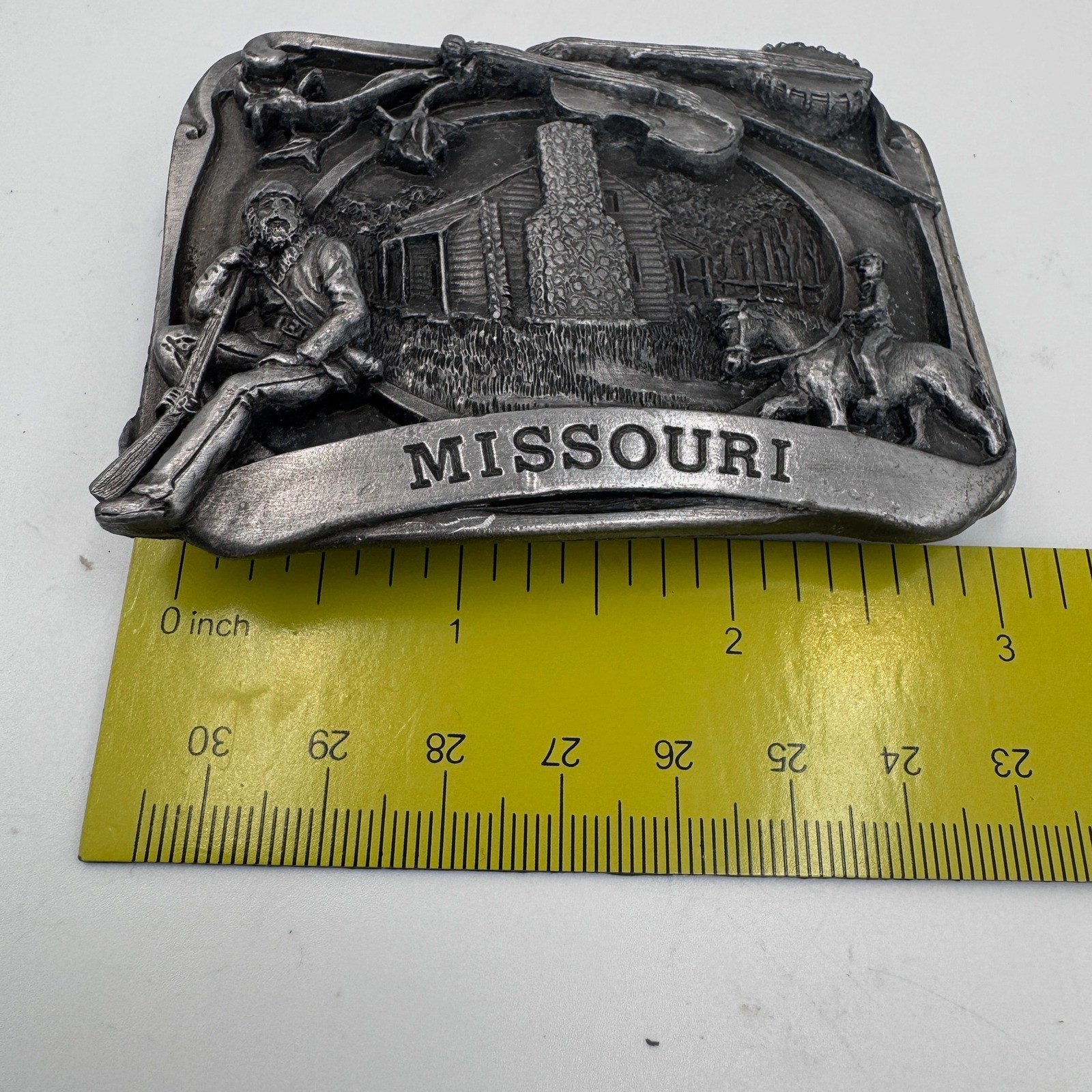 Vintage Missouri State Belt Buckle Pioneer Log Cabin Fiddle Banjo Pewter Tone